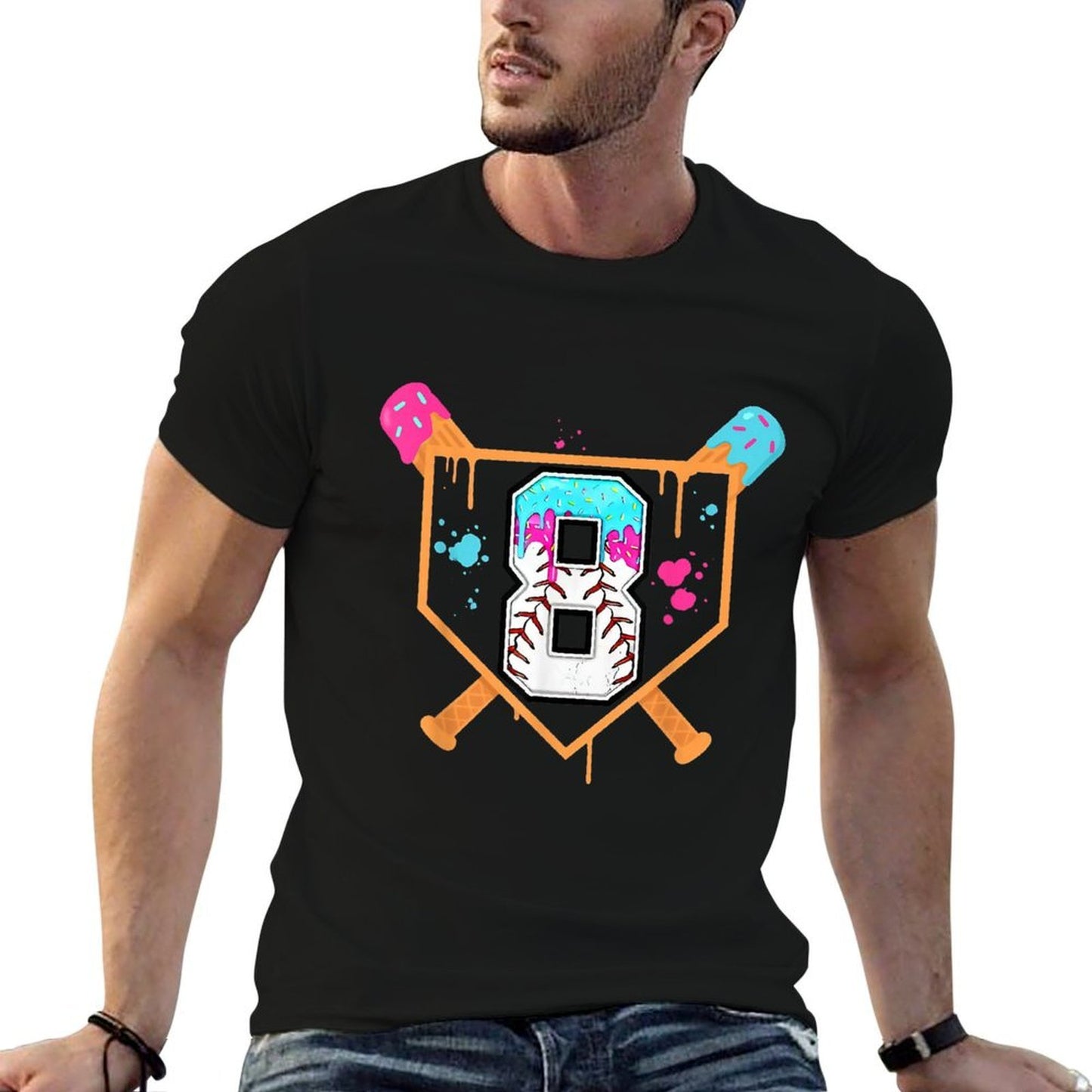 Baseball 8th Birthday Ice Cream Drip 8 Year Old Birthday Boy Summer-ready Fabric T-Shirt
