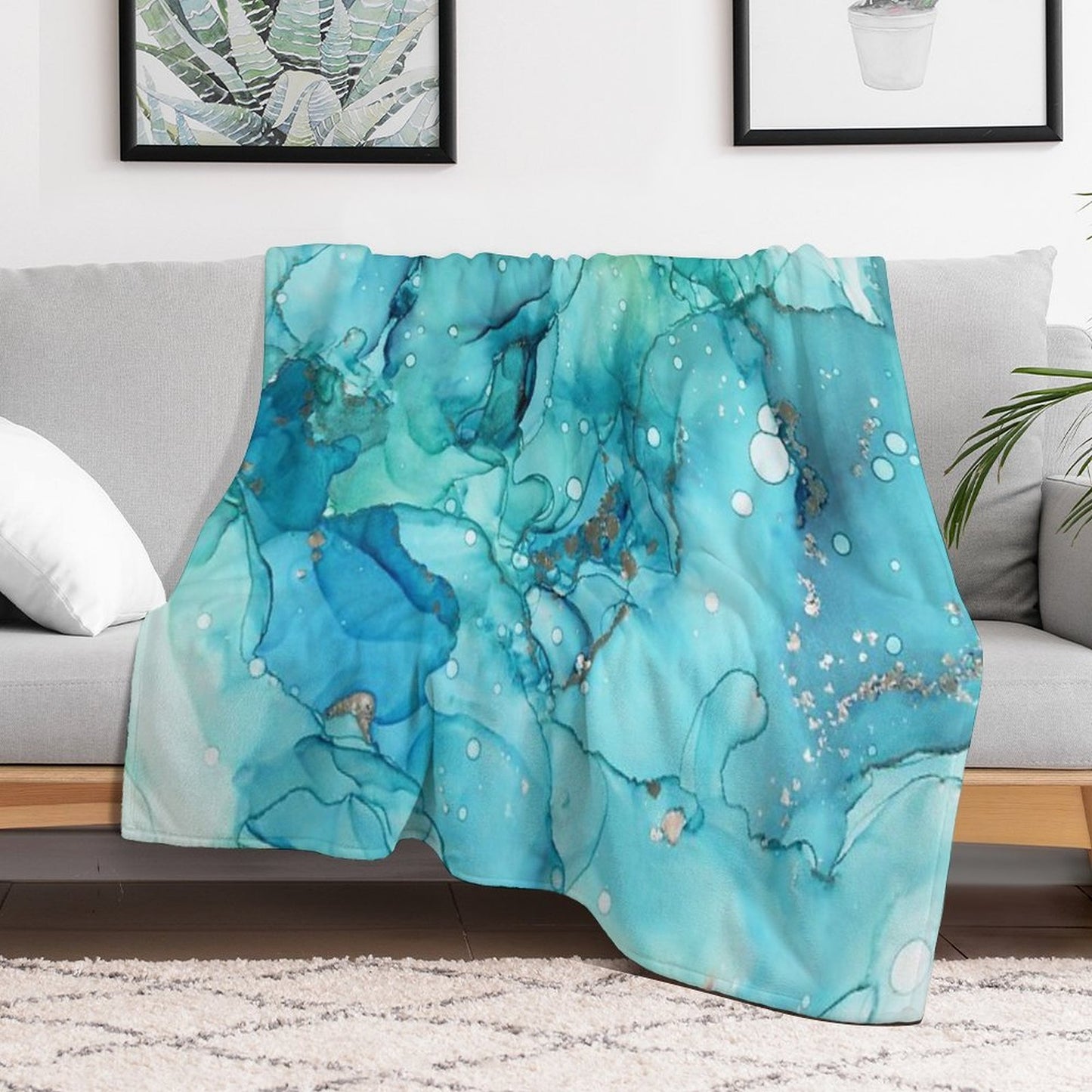 Mermaid Tears - Teal Chrome Abstract Ink Painting Multi-functional Throw Blanket