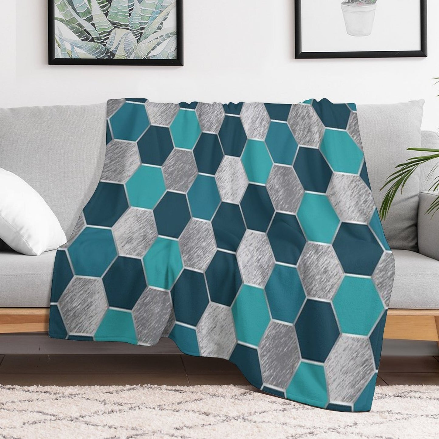 Metal Silver And Teal Geometric Hexagon Pattern Sustainable Throw Blanket