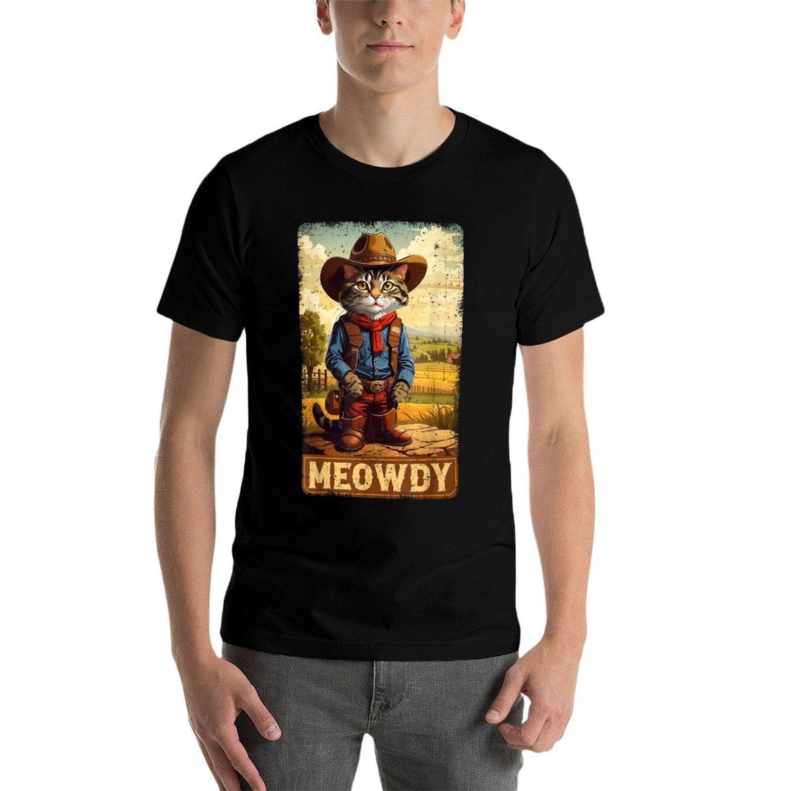 Meowdy Funny Country Side Cat Hat Vintage Cowboy Cat  Eco-friendly Material T-Shirt