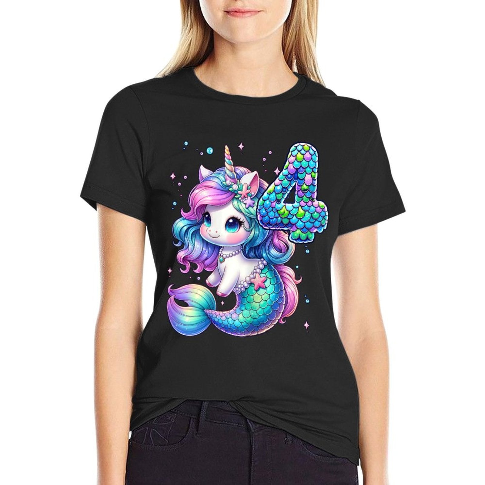 Unicorn Mermaid 4th Birthday 4 Year Old Party Girls Outfit  High-quality Stitching T-Shirt