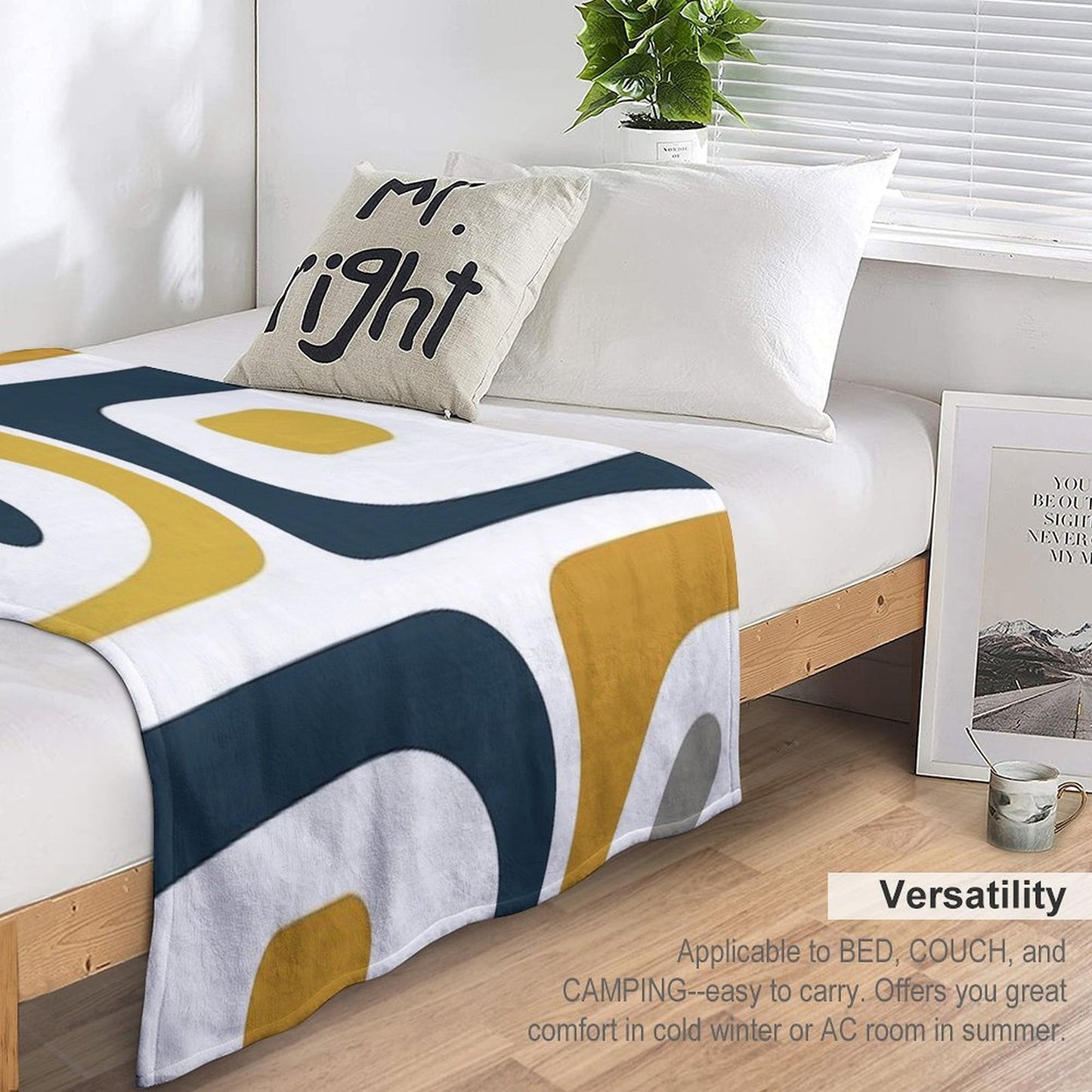 Mid Century Modern Piquet Abstract Minimalist Pattern in Navy Blue, Light And Dark Mustard, Grey, And White Lightweight Throw Blanket