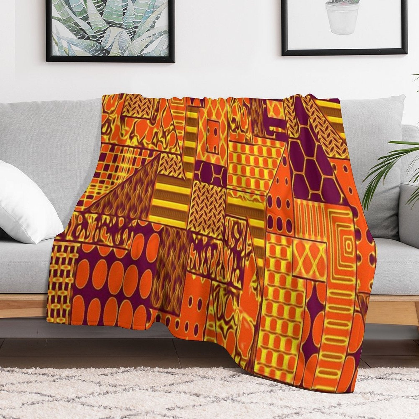 PURPLE AND ORANGE PATCHWORK DIGITAL QUILT STYLE WITH VARIOUS PATTERNS WITHIN THE DESIGN Machine-washable Throw Blanket