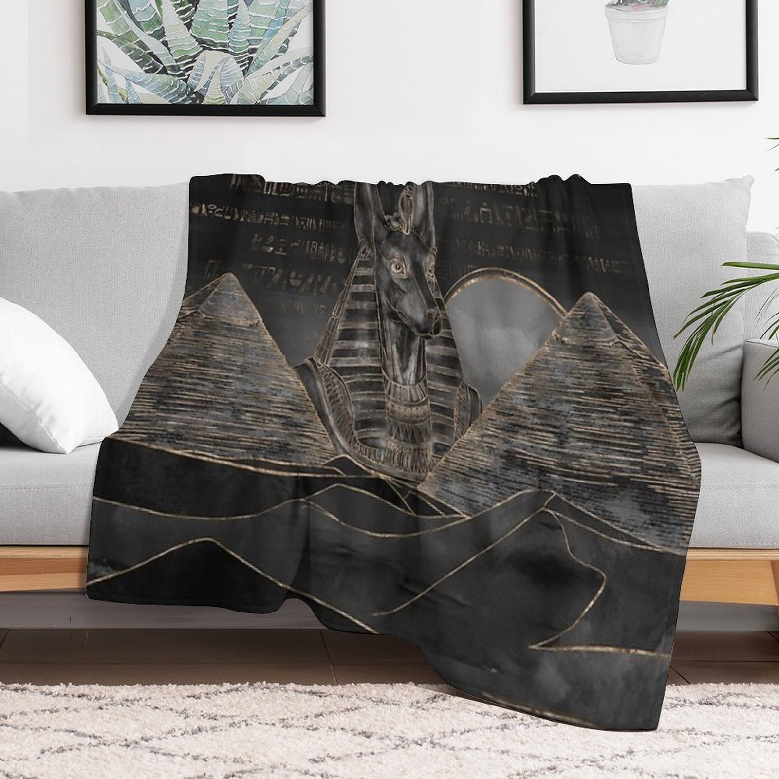 Anubis on Egyptian Pyramids Landscape Travel-friendly Throw Blanket