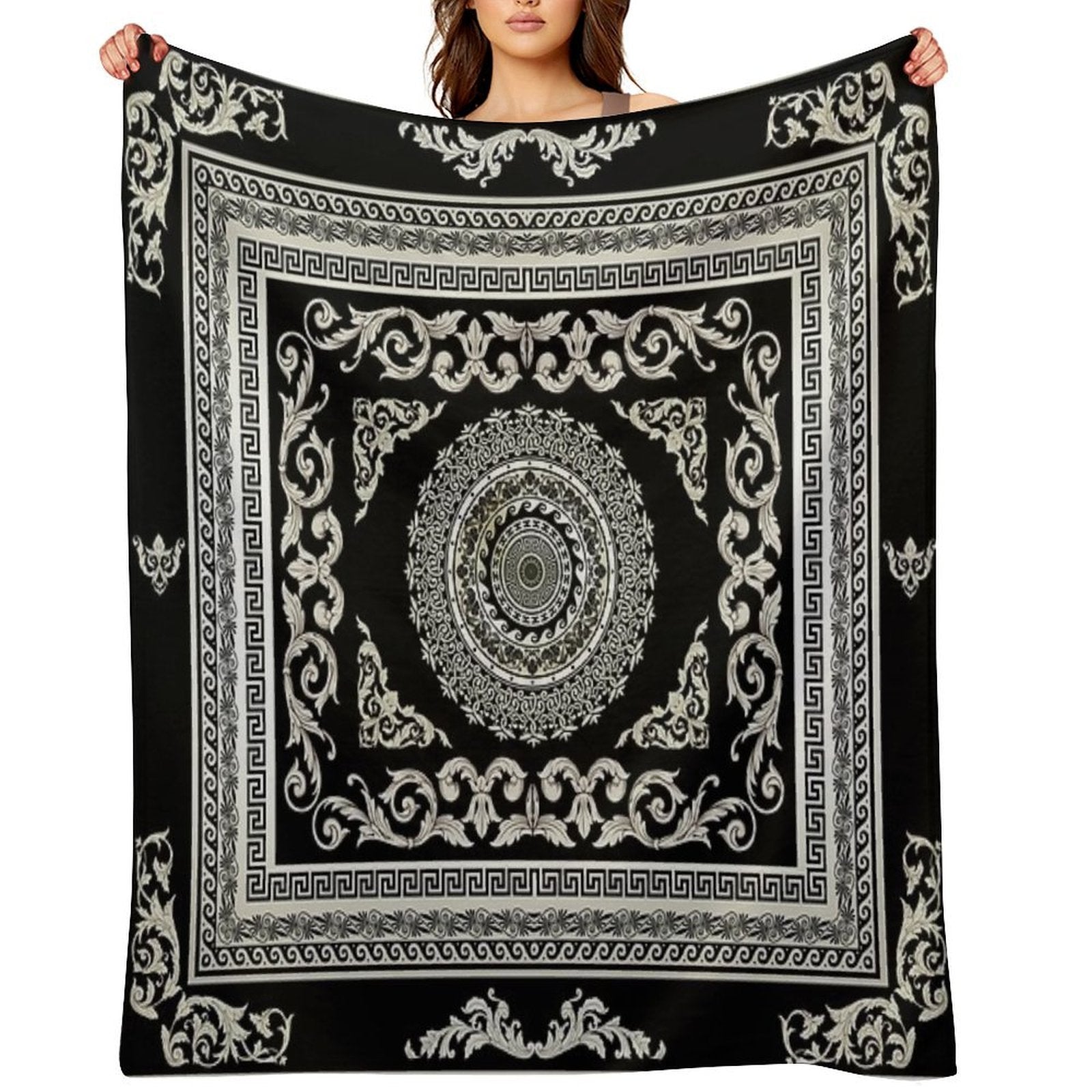 Ornate Greek Key Meander Black Cream  Medallion Comfort Throw Blanket