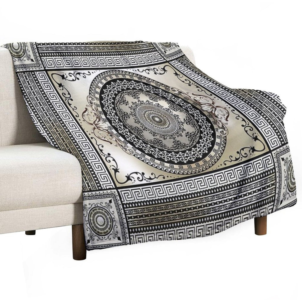 Greek Key Large Meander Cream Black Medallion Lightweight Throw Blanket