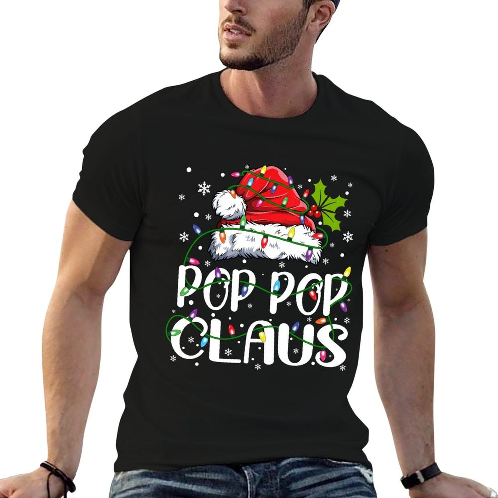 Pop Pop Claus Christmas Lights Pajama Family Matching  Cotton T-Shirt