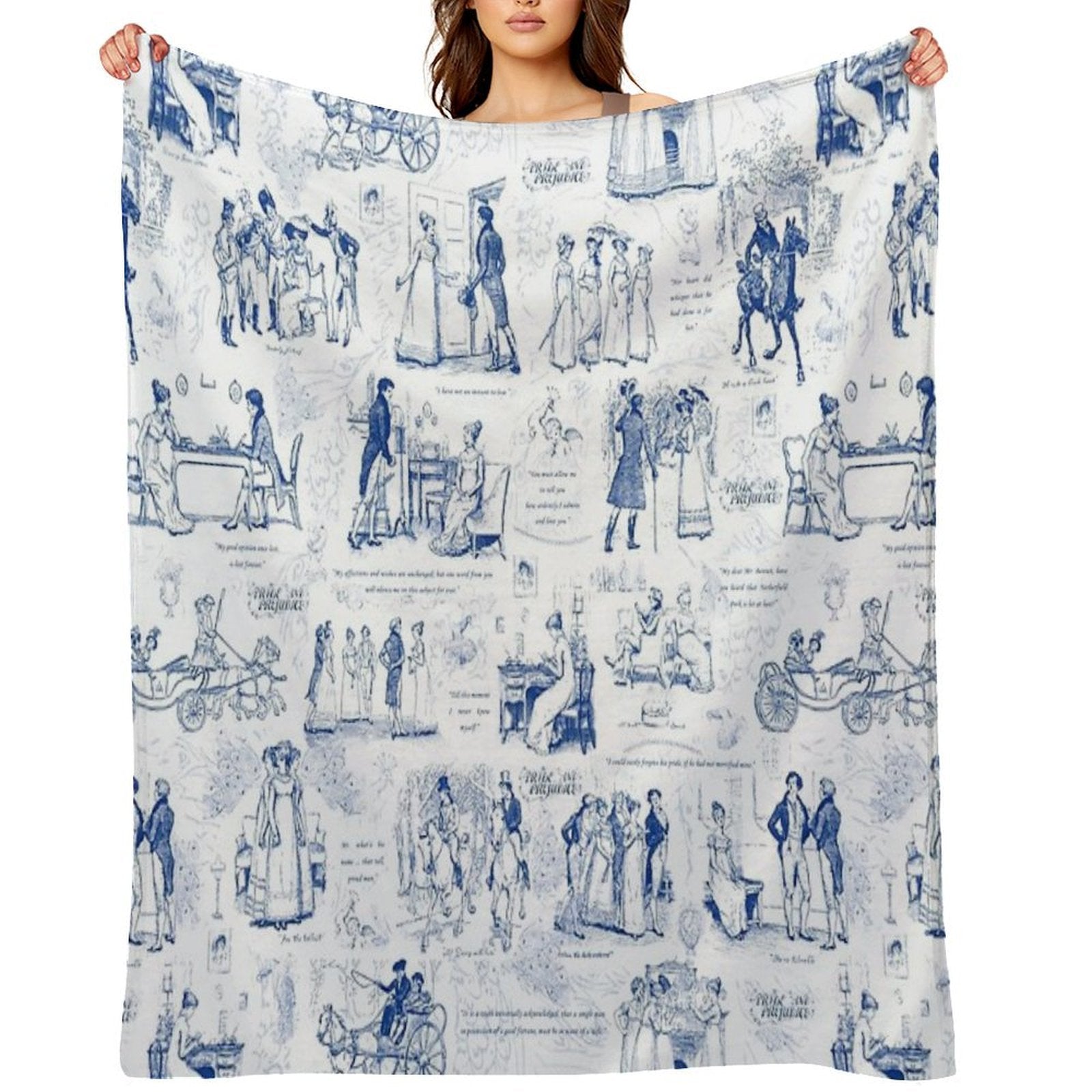 Pride And Prejudice Blue Toile Illustrations Quotes Pattern Machine-washable Throw Blanket