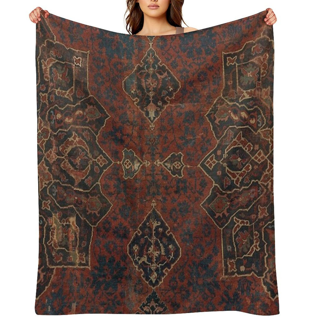 Boho Chic Dark VI  17th Century Colorful Medallion Red Blue Green Brown Ornate Accent Rug Pattern Versatility Throw Blanket