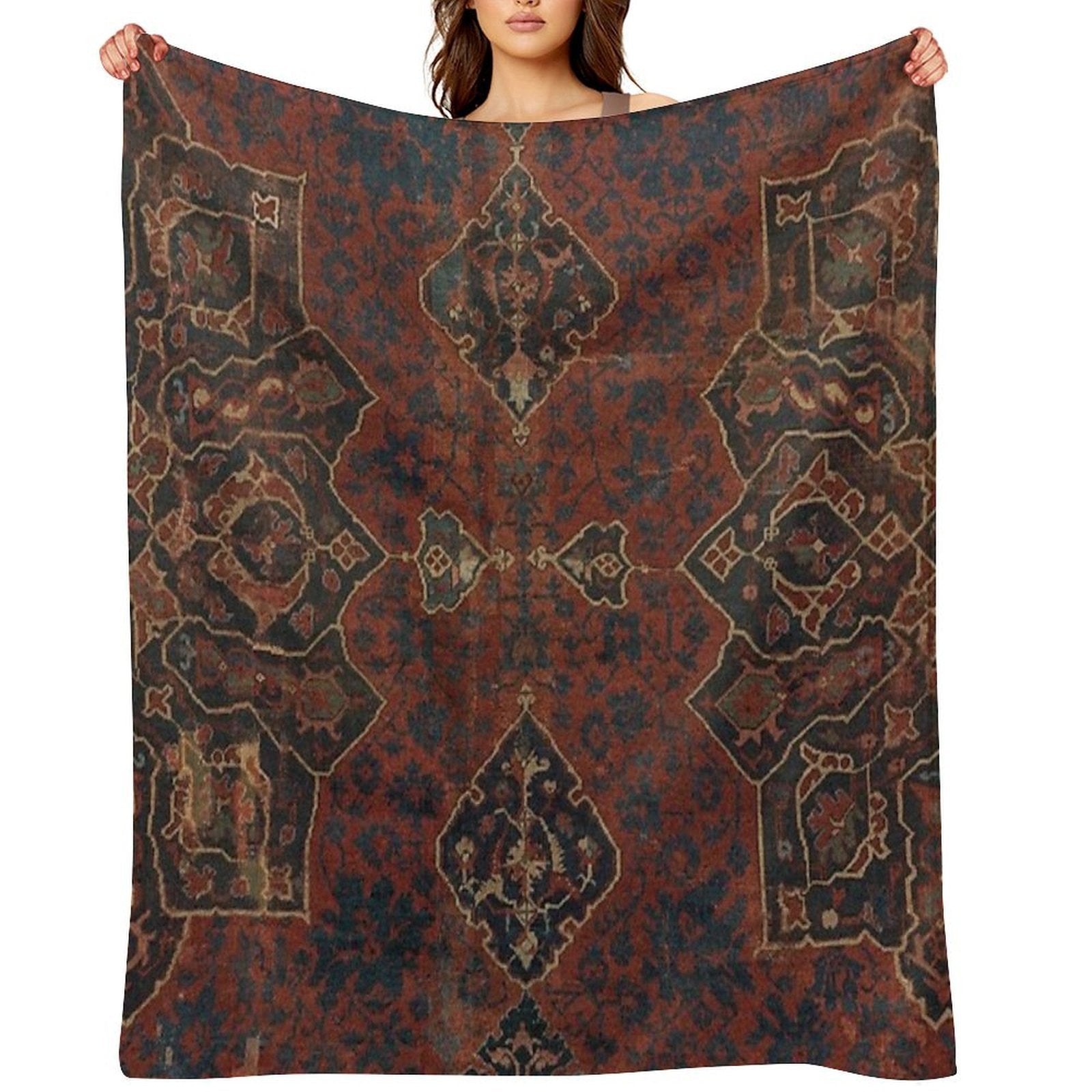 Boho Chic Dark VI  17th Century Colorful Medallion Red Blue Green Brown Ornate Accent Rug Pattern Versatility Throw Blanket