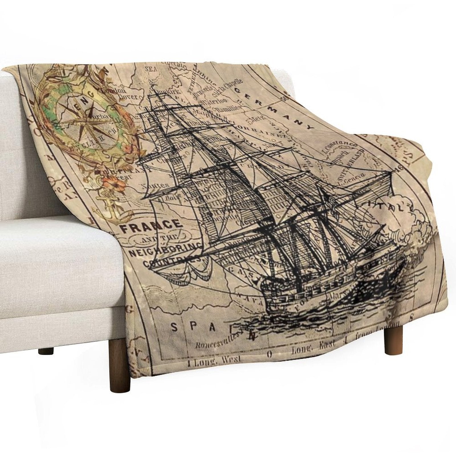 Dark Academia Vintage Pirate Ship Sailor Antique World Map Compact Throw Blanket