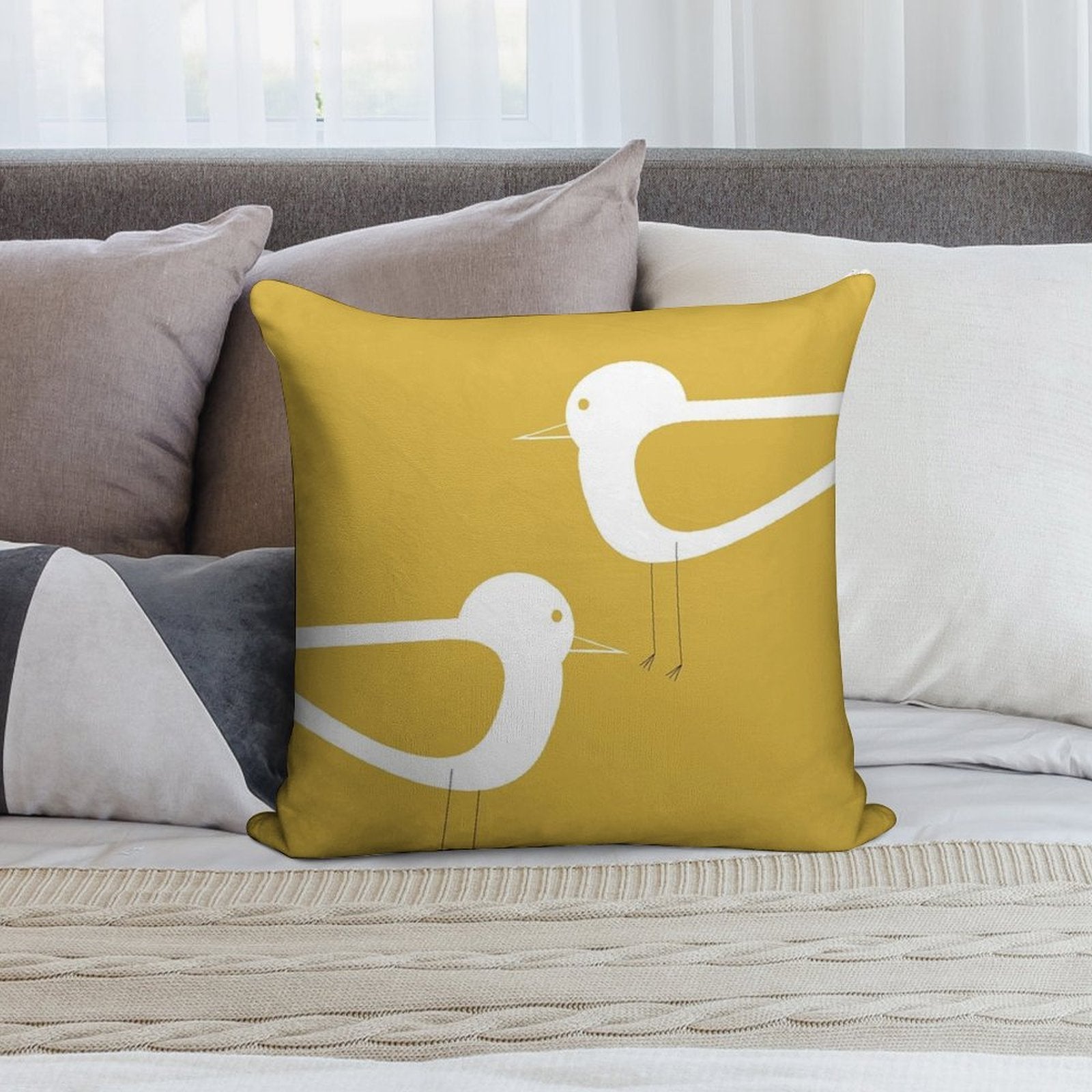 Shorebird Pair in Light Mustard Yellow And White. Minimalist. Clean. Cute. Coastal Soft Multiple Sizes Throw Pillow