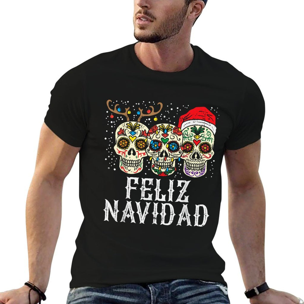 Feliz Navidad Sugar Skulls Reindeer Santa Mexican Christmas  Easy-care T-Shirt