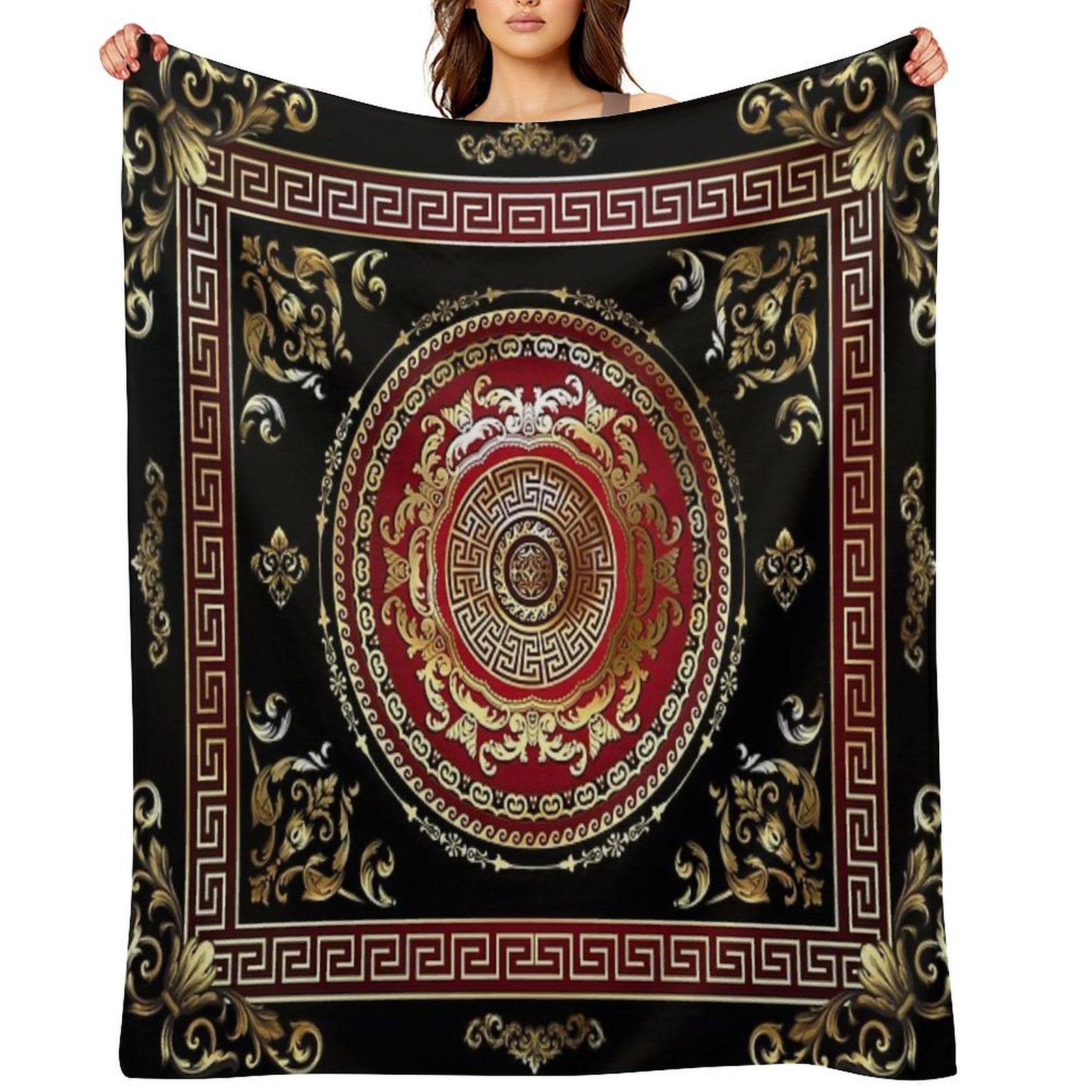 Greek Key Meander Black Gold Red Medallion Baroque Multi-functional Throw Blanket