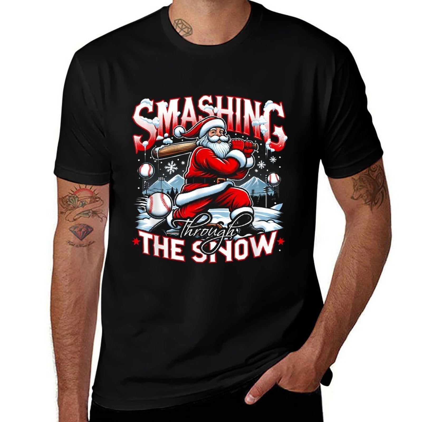 Baseball Player Christmas Santa Smashing Through Snow Comfortable T-Shirt