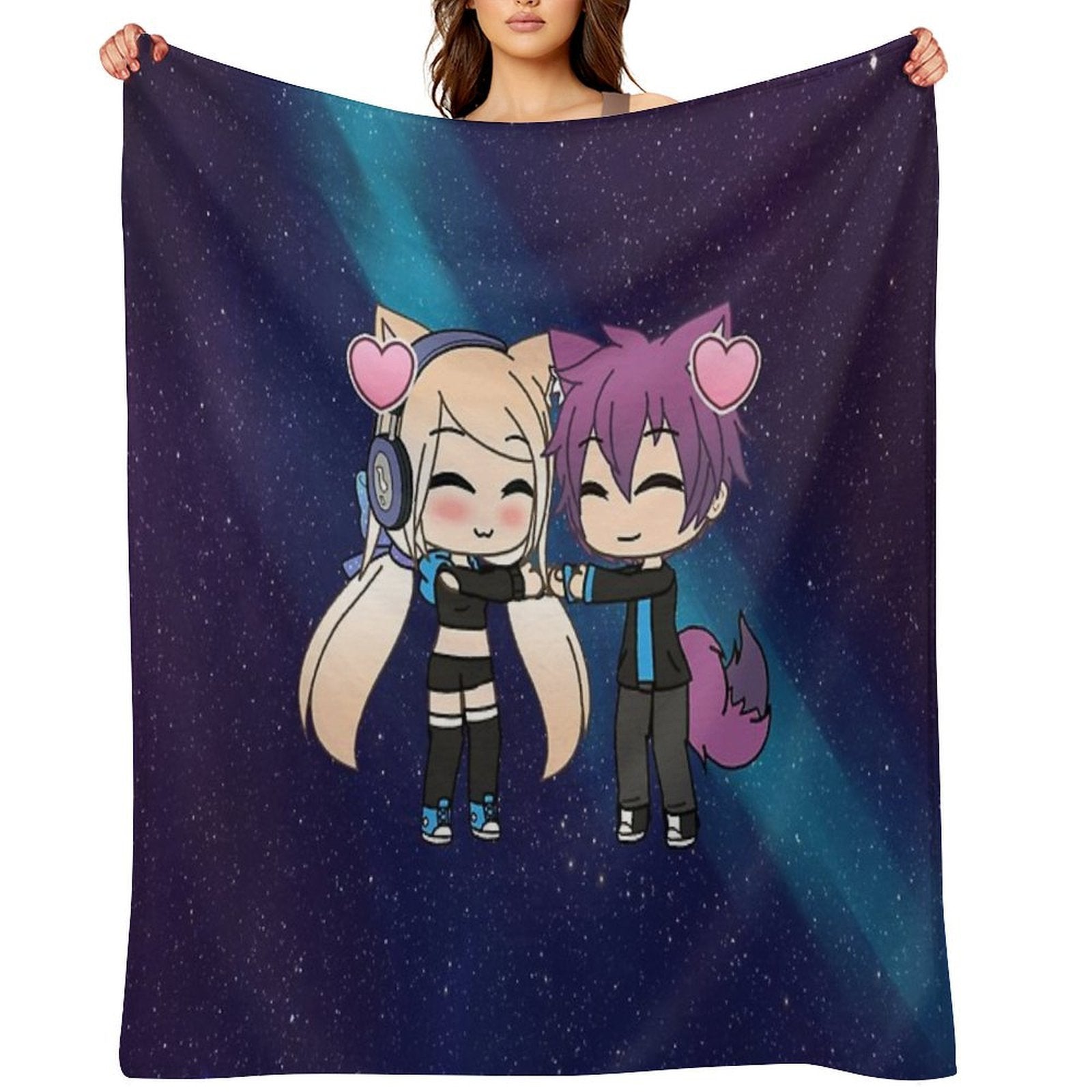 Cute Gacha Girl And Boy with Fox Tail Travel-friendly Throw Blanket