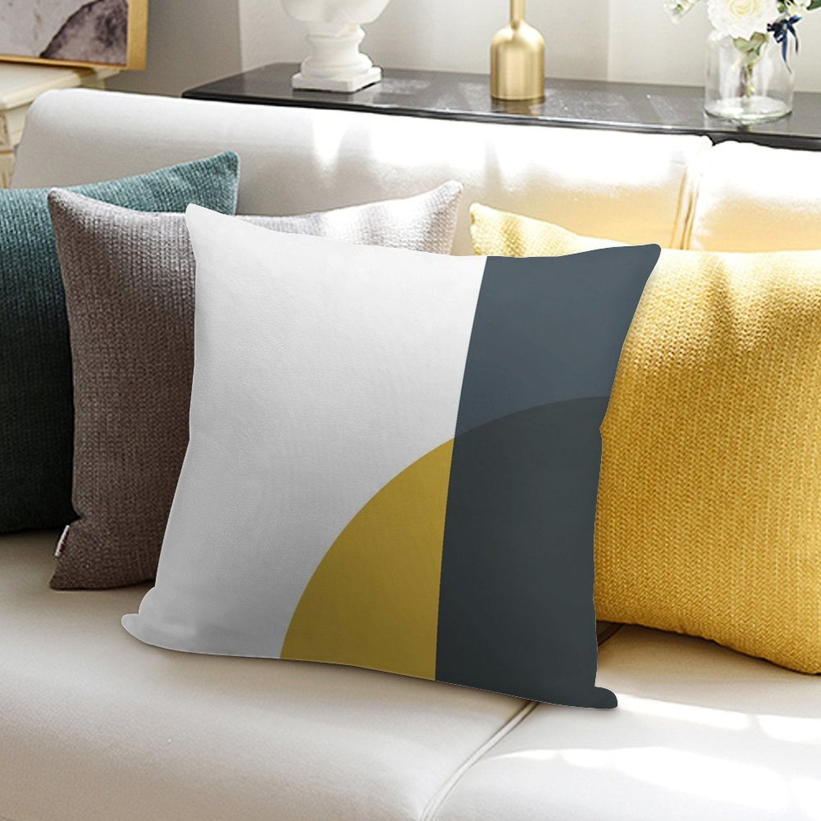 Abstract Geometric Minimalist 2 Navy Blue, Light Mustard Yellow, And White Soft Home Decor Throw Pillow