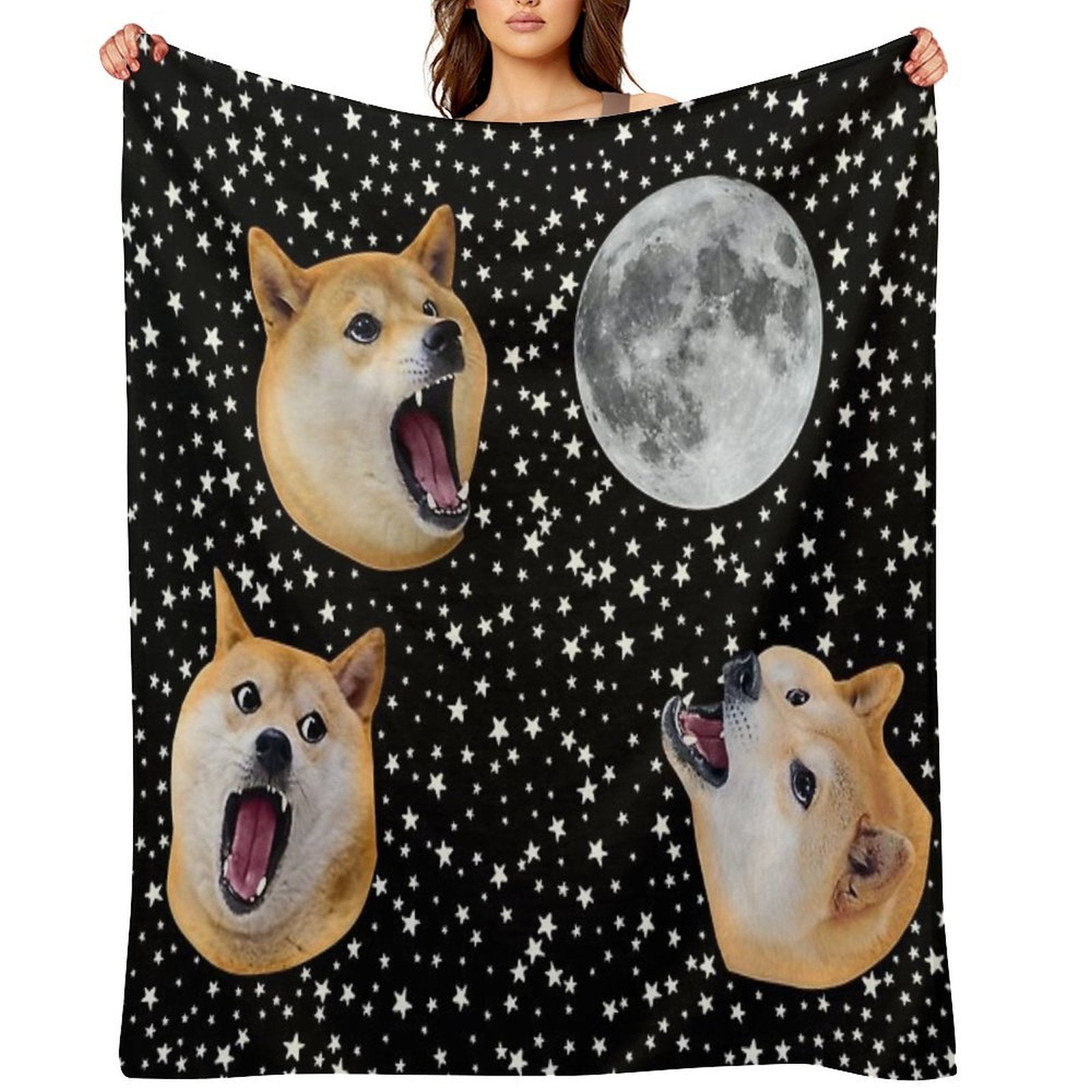 Three Doge Night Howling at The Moon Compact Throw Blanket