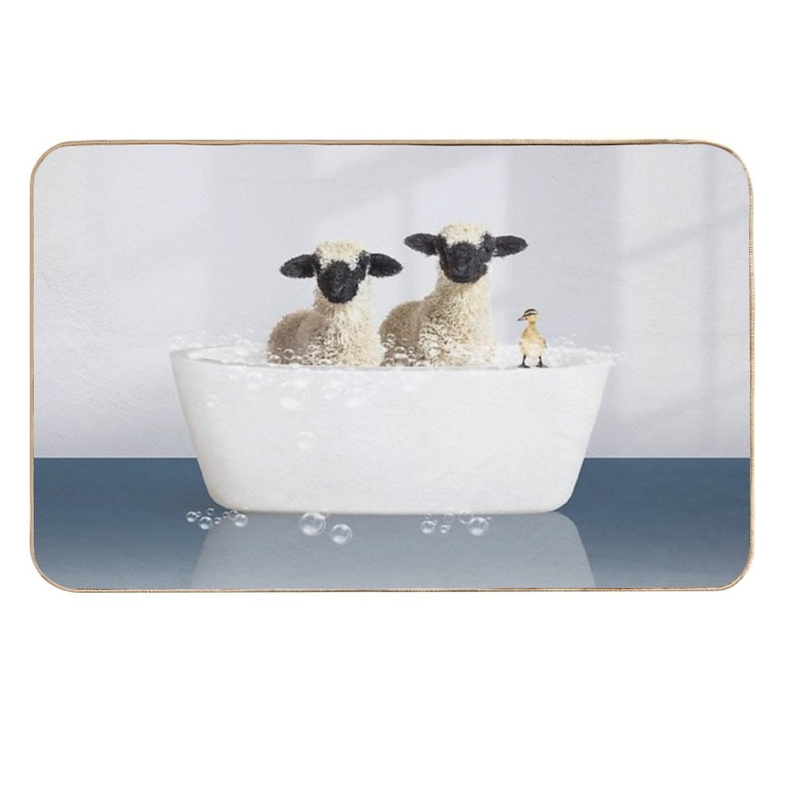 Two Lambs And Duckling in Modern Bathtub Blue Print, Lamb Bathing, Animals in Bathtub Art by Synplus  Easy To Clean Bath Mat