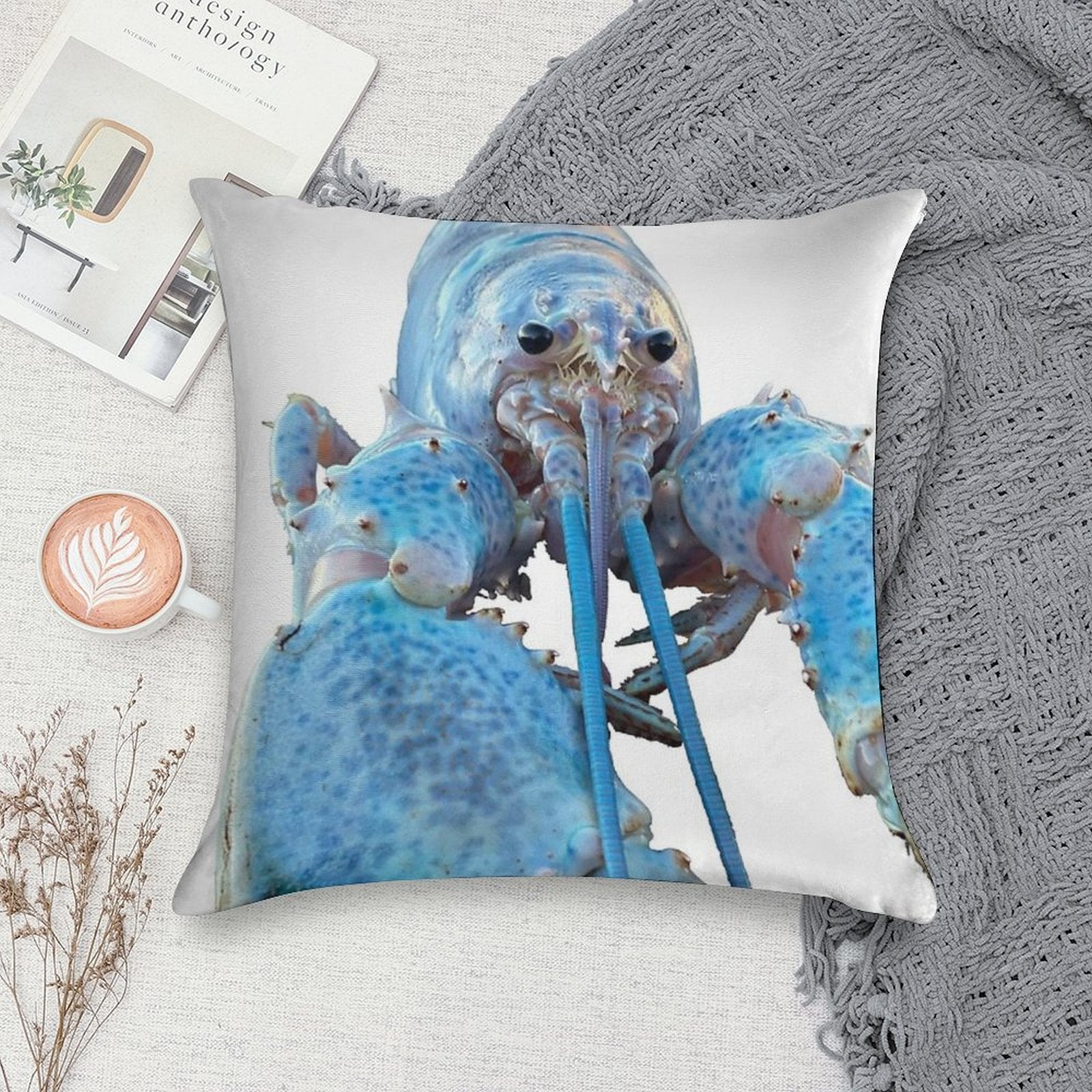 Blue Lobster Jumpscare Soft Home Decor Throw Pillow