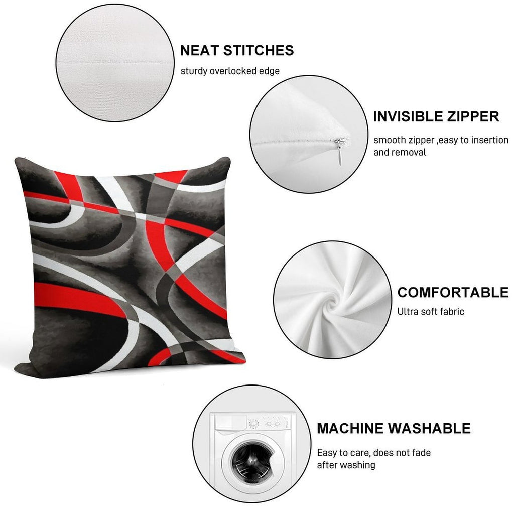 Eighties Red White Grey Line Curve Pattern On Black Soft Anti-Pilling Throw Pillow