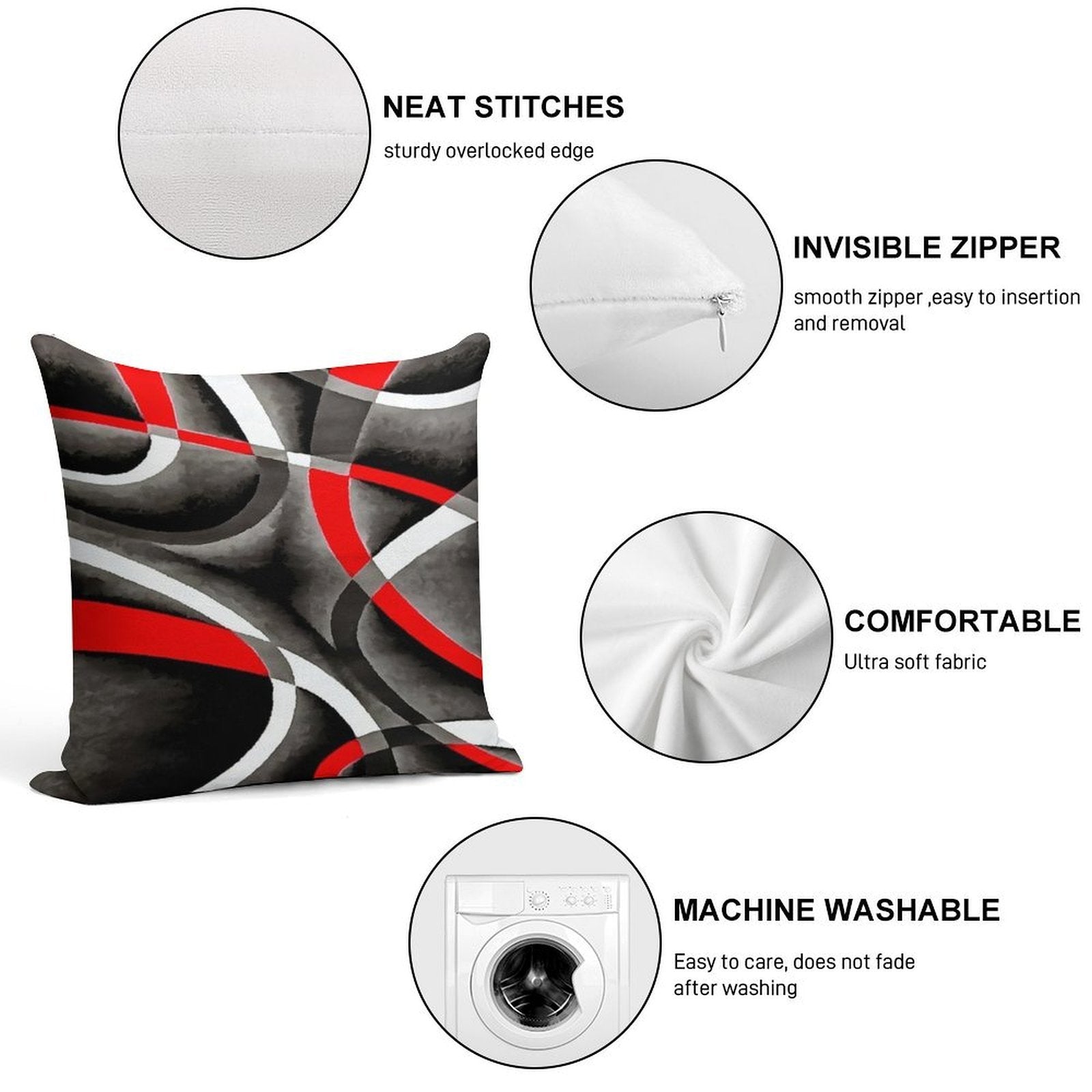 Eighties Red White Grey Line Curve Pattern On Black Soft Anti-Pilling Throw Pillow