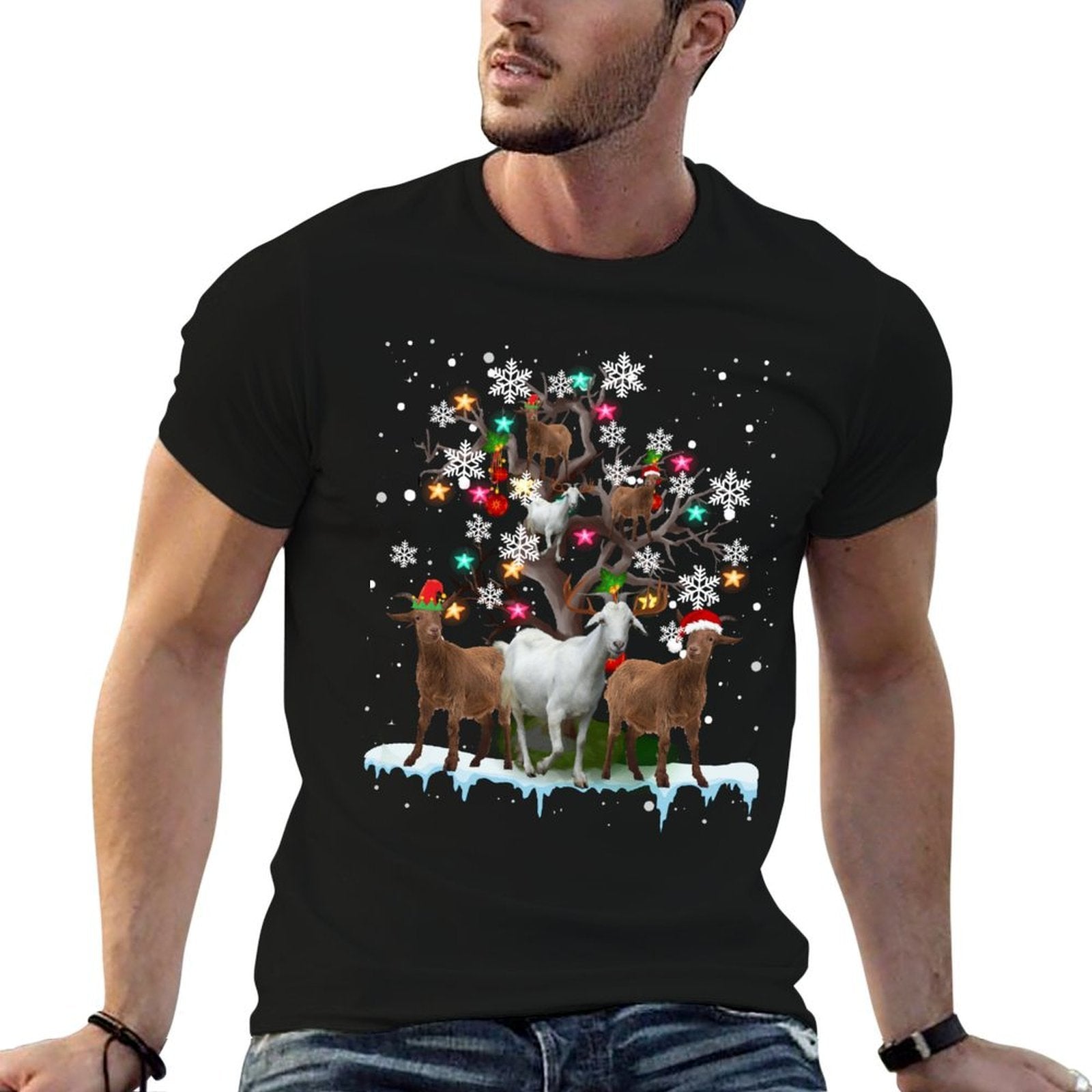 Christmas Goat On Tree Funny Santa Goat Lover  High-quality Stitching T-Shirt