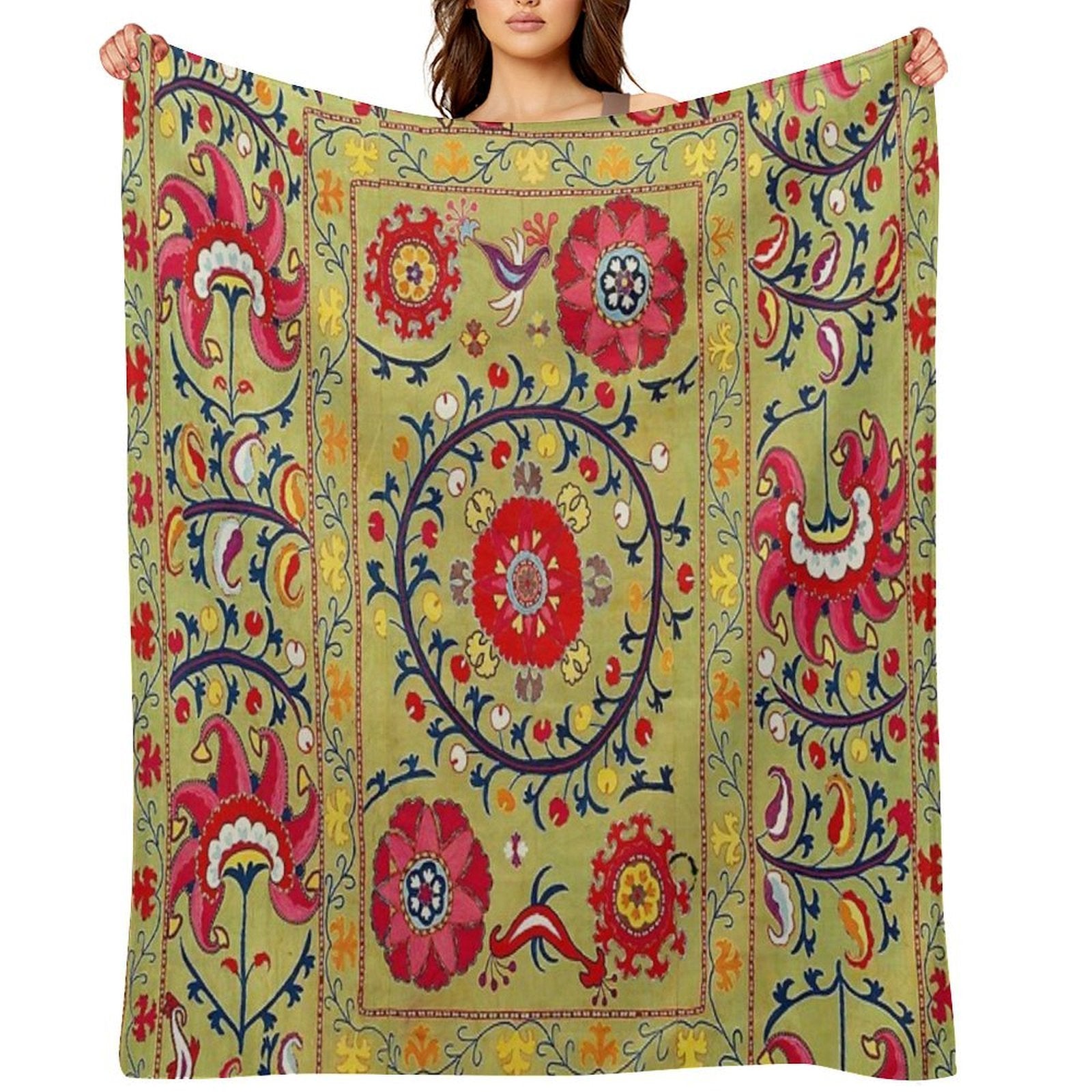 Lakai Suzani Uzbekistan Floral Embroidery Print Travel-friendly Throw Blanket