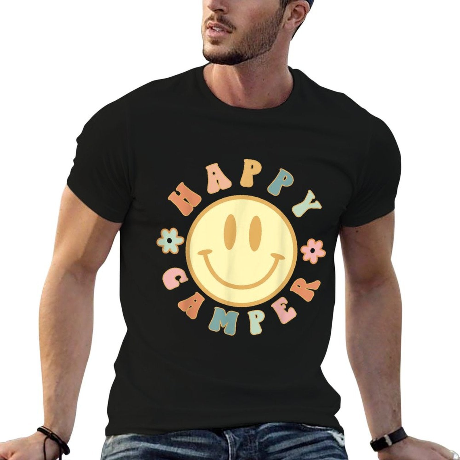 Smiling Face Groovy Retro Floral Happy Camper Camping Lover  Rolled Sleeves T-Shirt