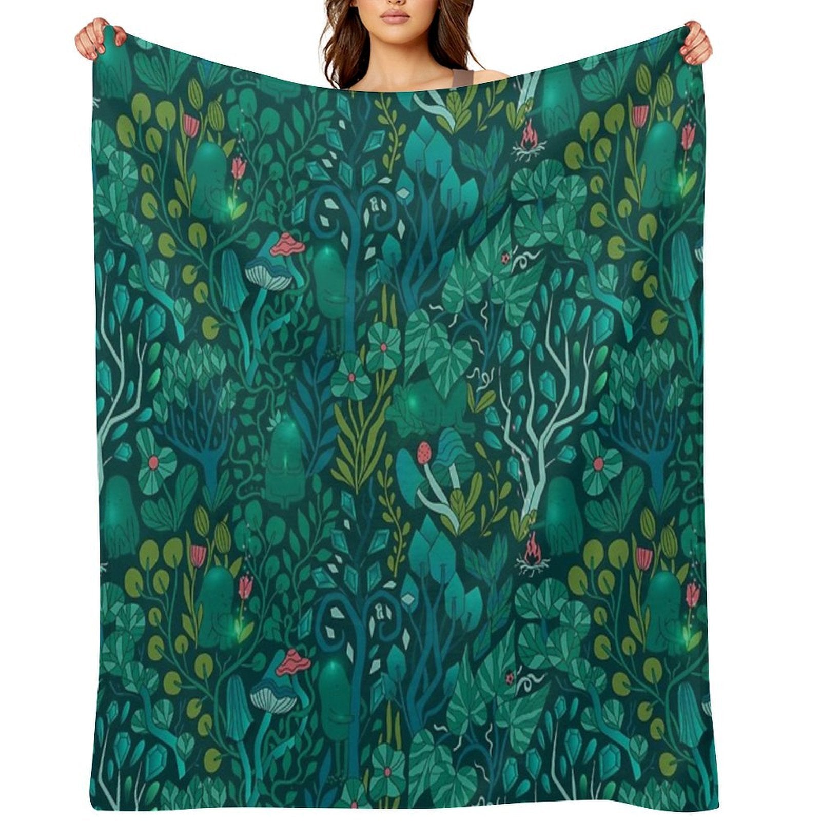 Emerald Forest Keepers. Fairy Woodland Creatures. Tree, Plants And Mushrooms Shrink-resistant Throw Blanket