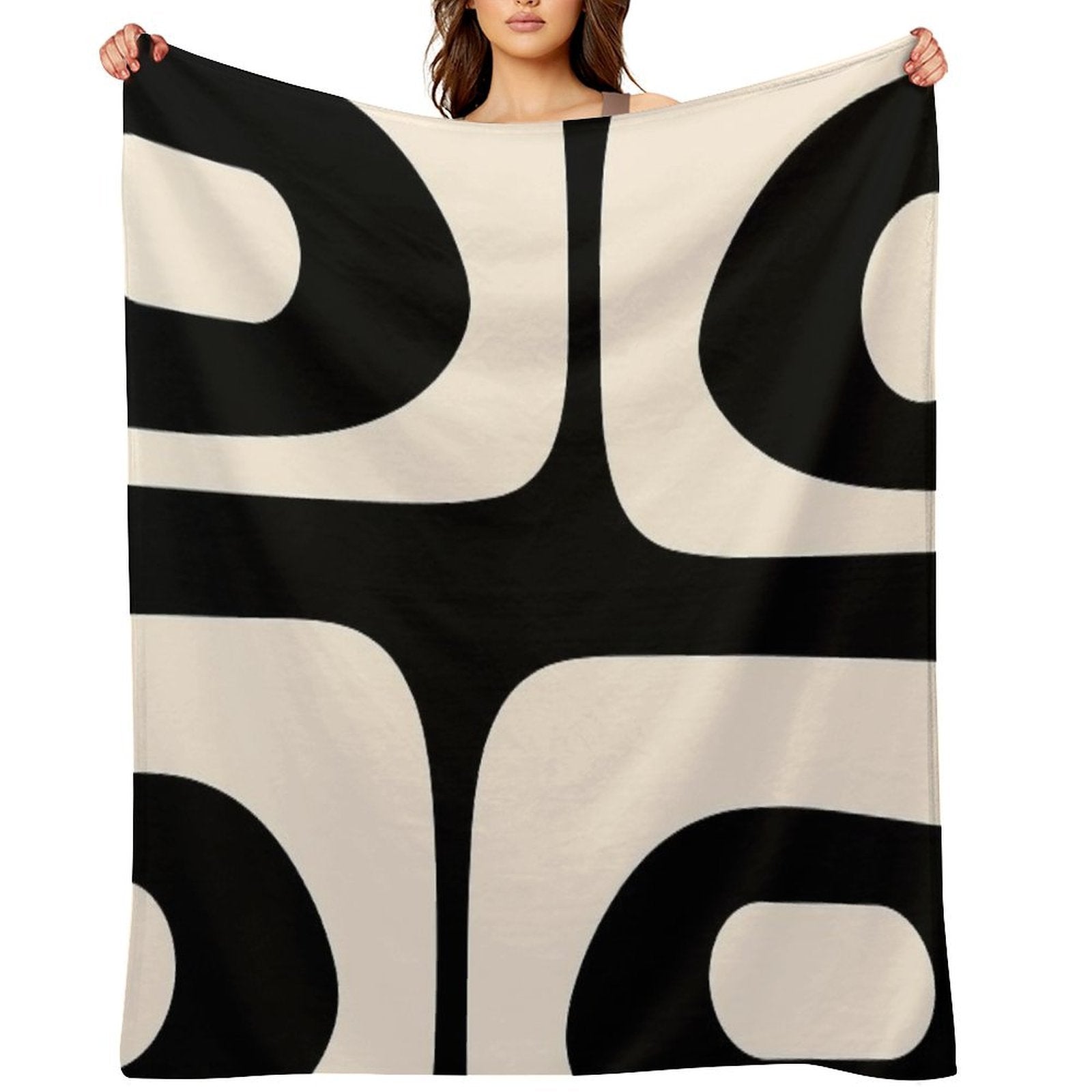Retro Piquet Mid Century Modern Abstract Pattern 2 in Black And Almond Cream Quick-dry Throw Blanket