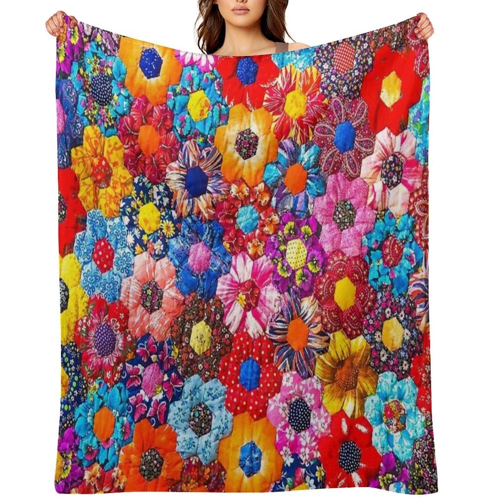 Colorful Patchwork Shower Curtain – Boho Abstract Quilt Design for Bathroom Decor Lightweight Throw Blanket