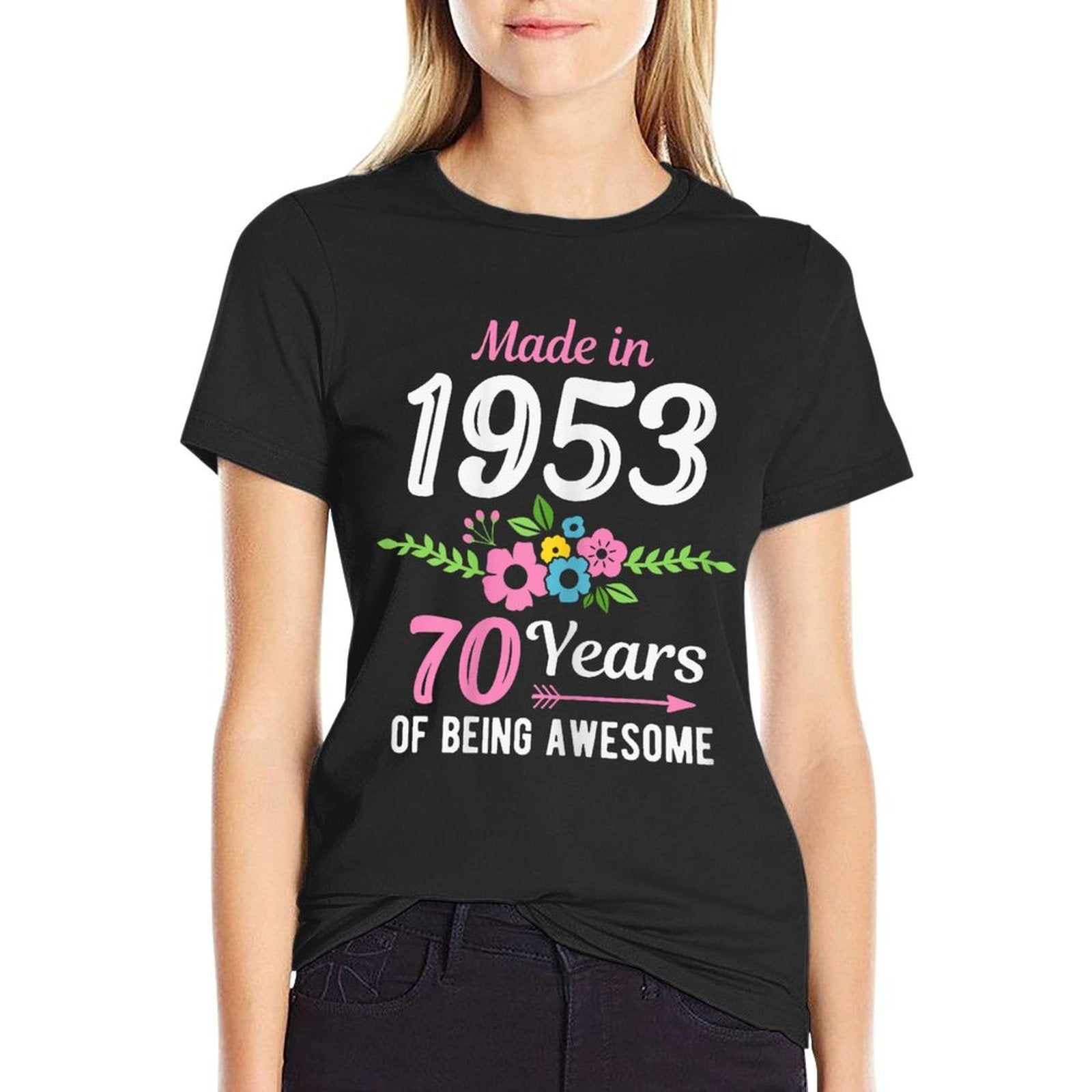 Womens Made In 1953 Floral 70th Birthday  Ribbed Collar T-Shirt