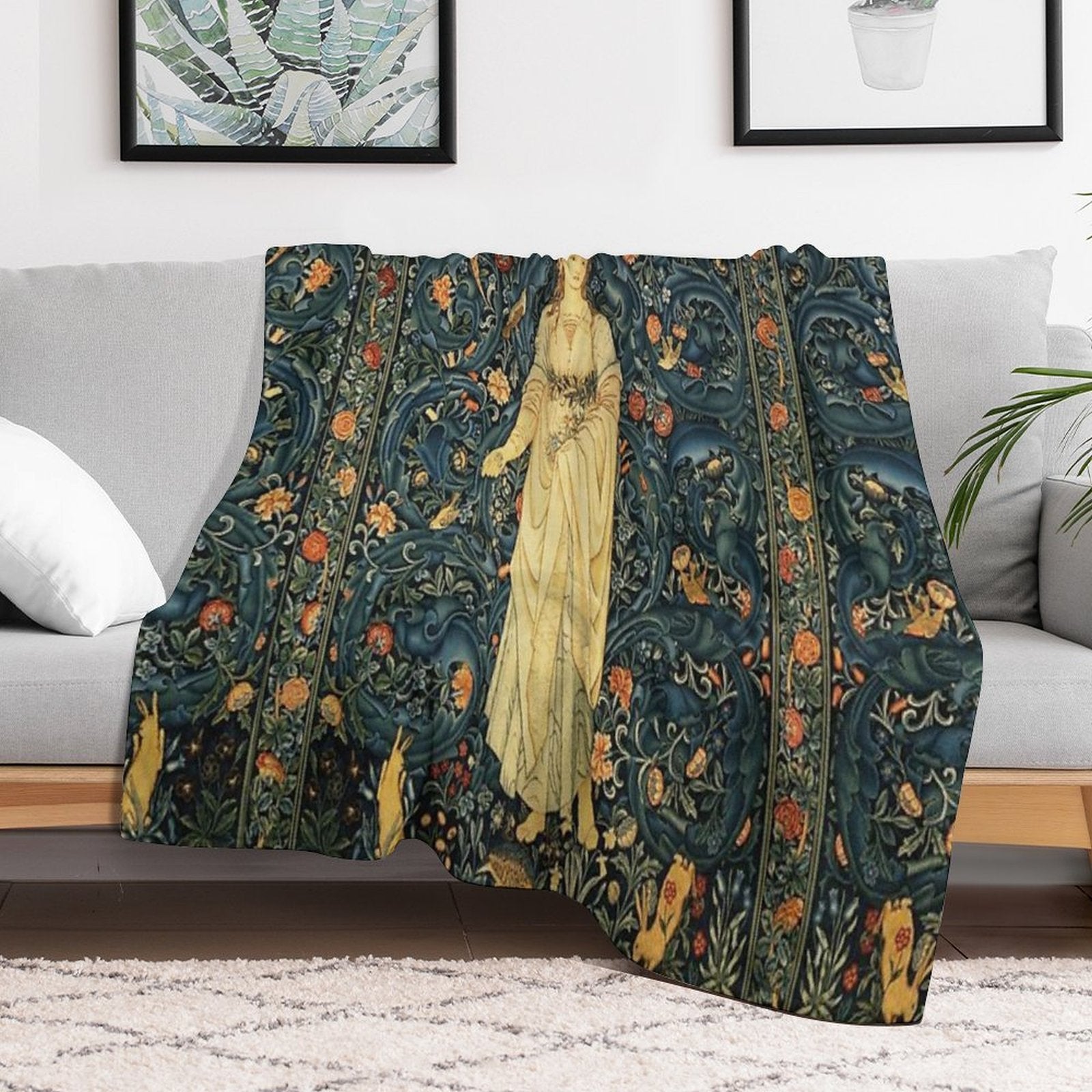 LADY FLORA, GREENERY, FOREST ANIMALS ,PHEASANT BIRDS ,RABBITS Blue Green Floral Tapestry Easy Care Throw Blanket