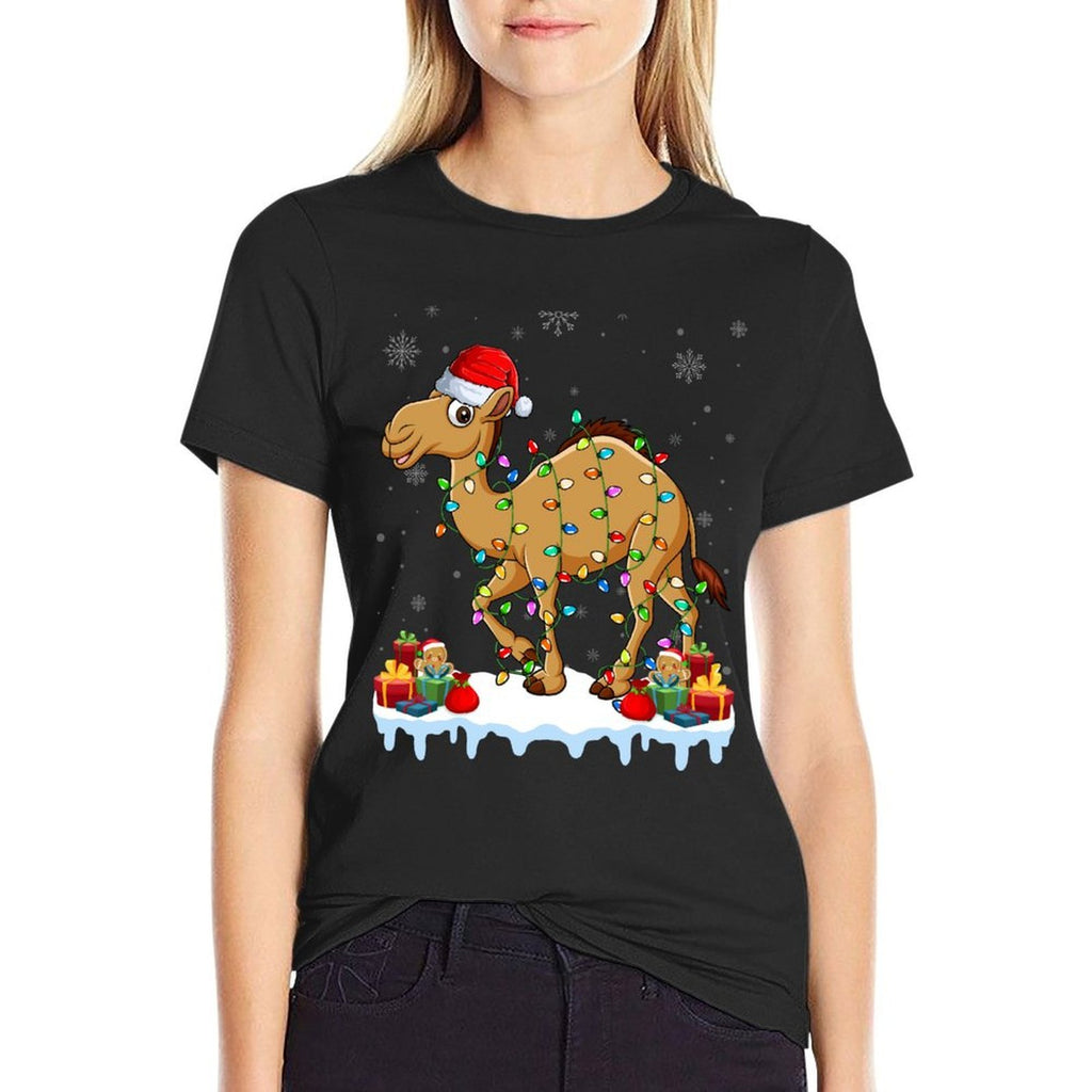 Camel Wearing Xmas Lights Santa Hat Camel Christmas  Slim-fit Cut T-Shirt
