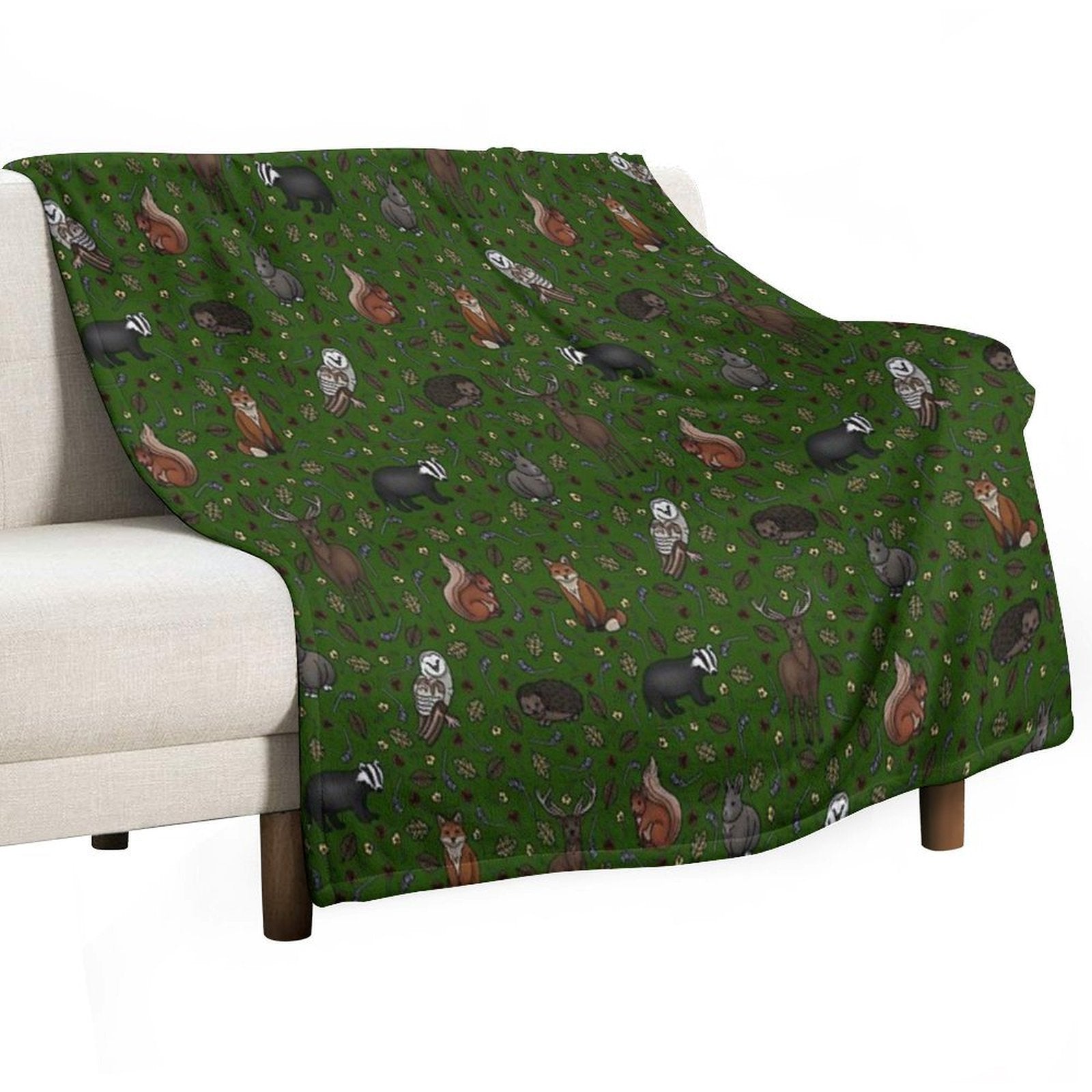 British Woodland Animals, Forest Green Wrinkle-free Throw Blanket