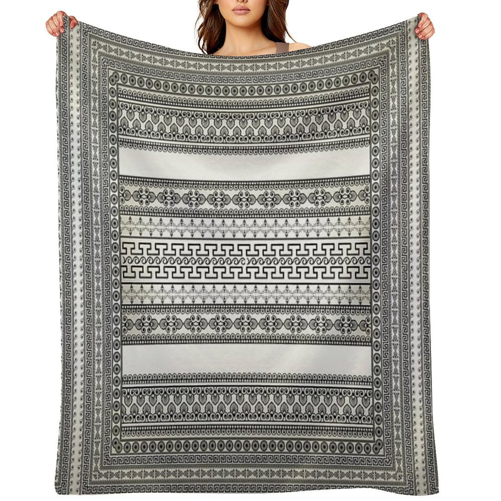 Greek Key Border Cream White Black Floral Premium Throw Blanket