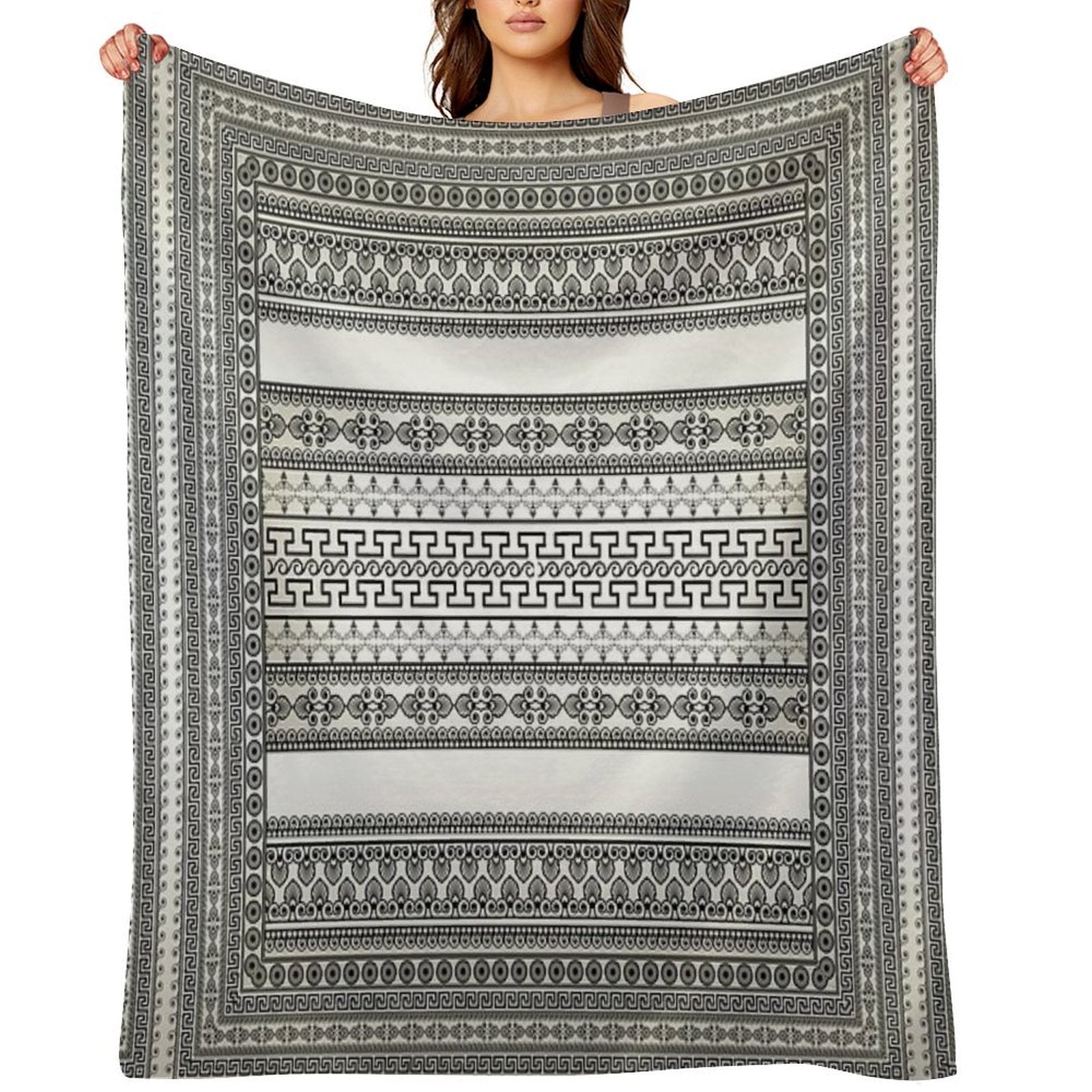 Greek Key Border Cream White Black Floral Premium Throw Blanket
