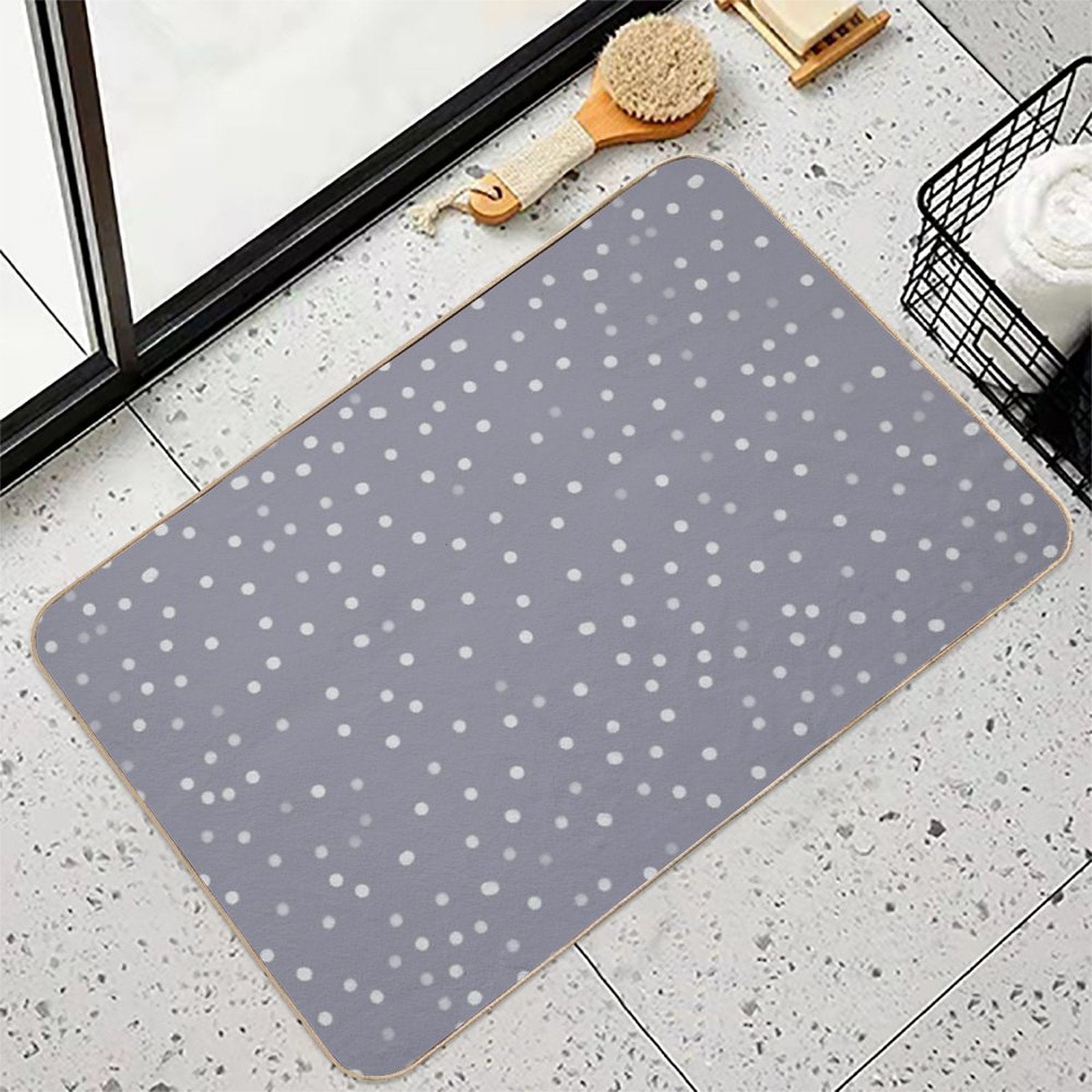 Blue Grey And White Color Polka Dots Design  Easy To Clean Bath Mat
