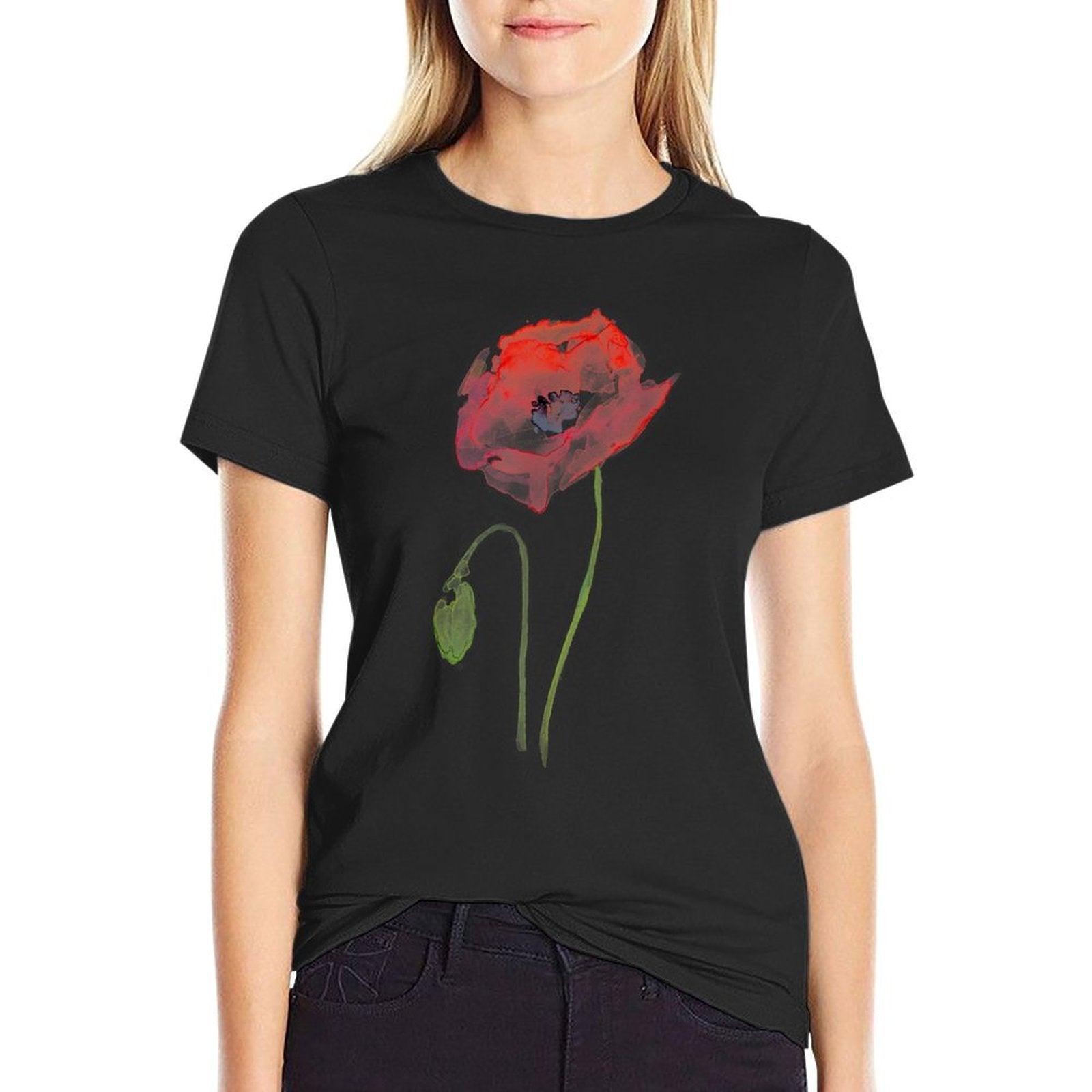 Red Poppy Watercolor Floral T-shirt  Tagless Design T-Shirt