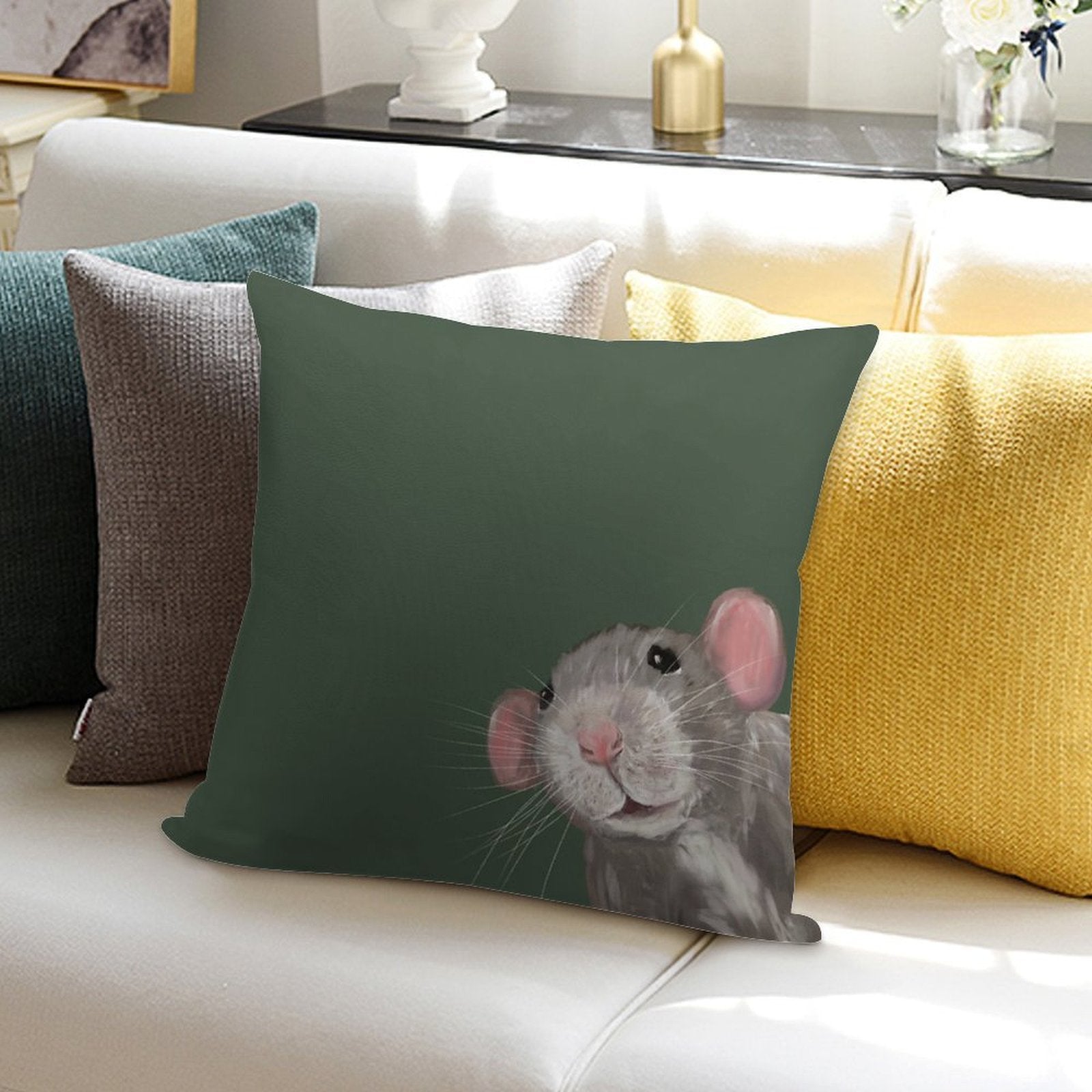 The Peeking Rat (Green) Soft Gift Ready Throw Pillow
