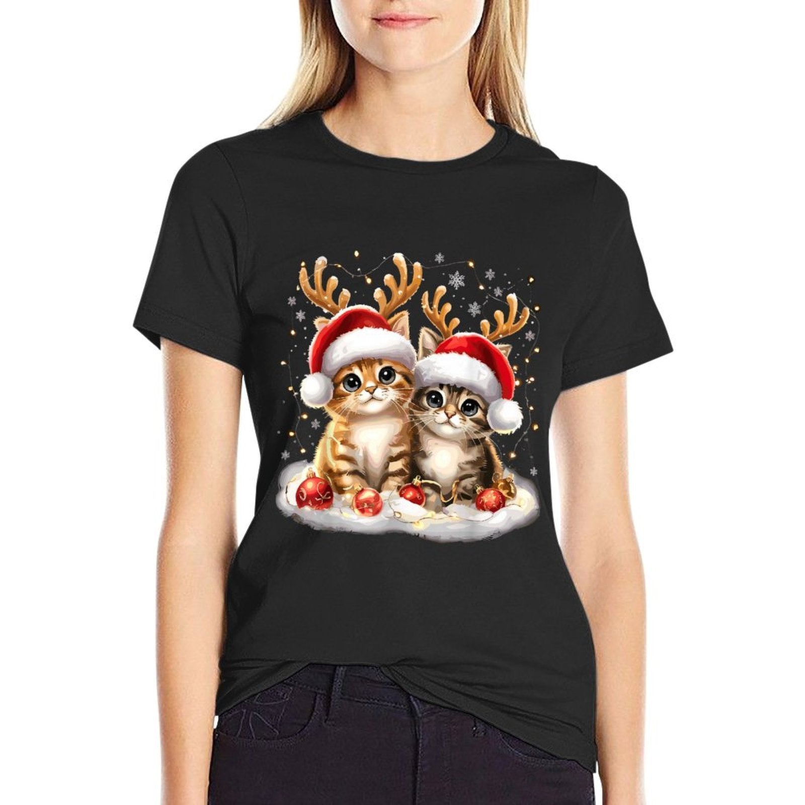 Cat Christmas Light Reindeer Santa  Breathable T-Shirt