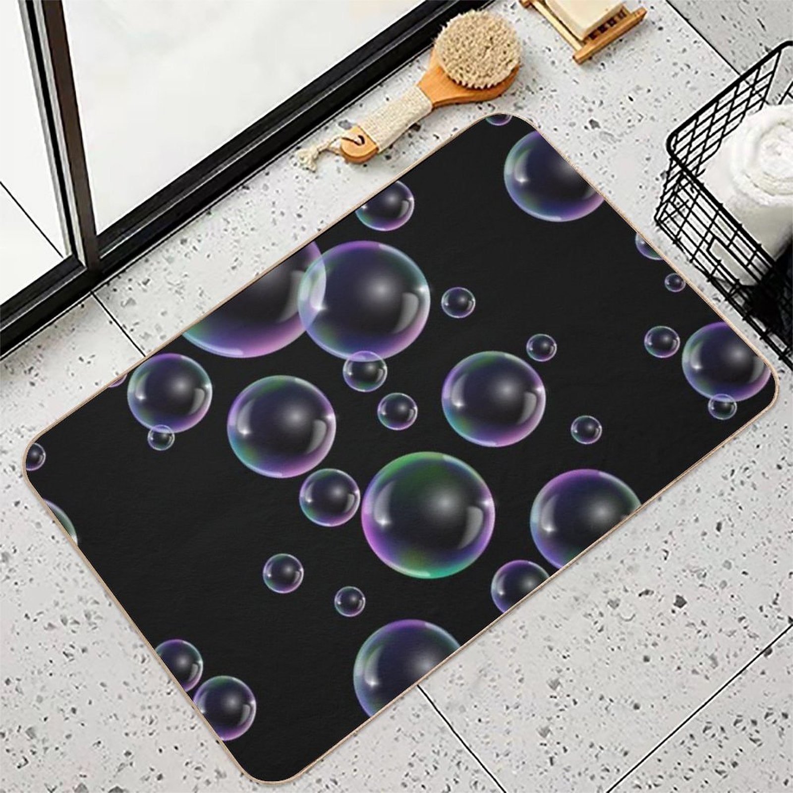 Copy of Colorful Bubbles Pattern - Black Background  Dirt-Trapping Bath Mat