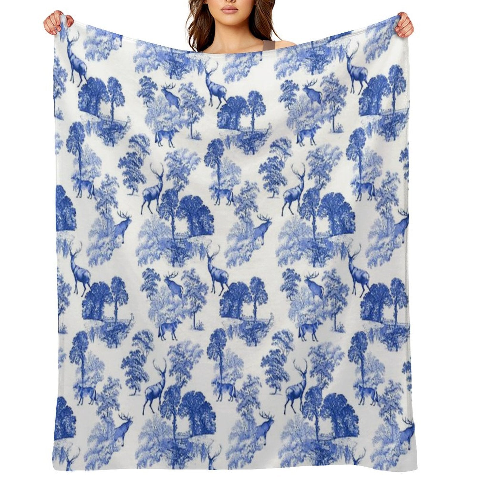 Elegant Vintage Blue Toile Deer in Woodland Quick-dry Throw Blanket