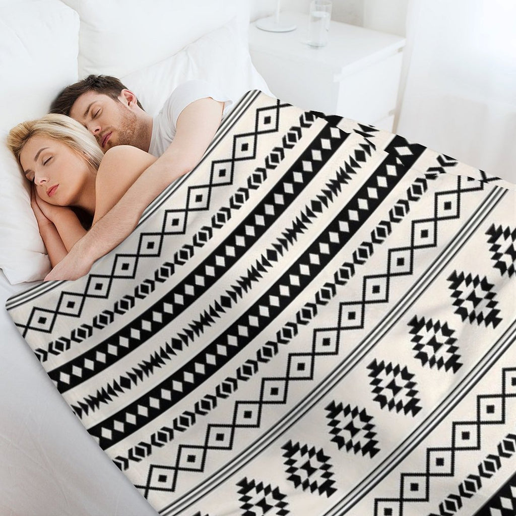 Aztec Black on Cream Mixed Motifs Pattern Velvety-soft Throw Blanket