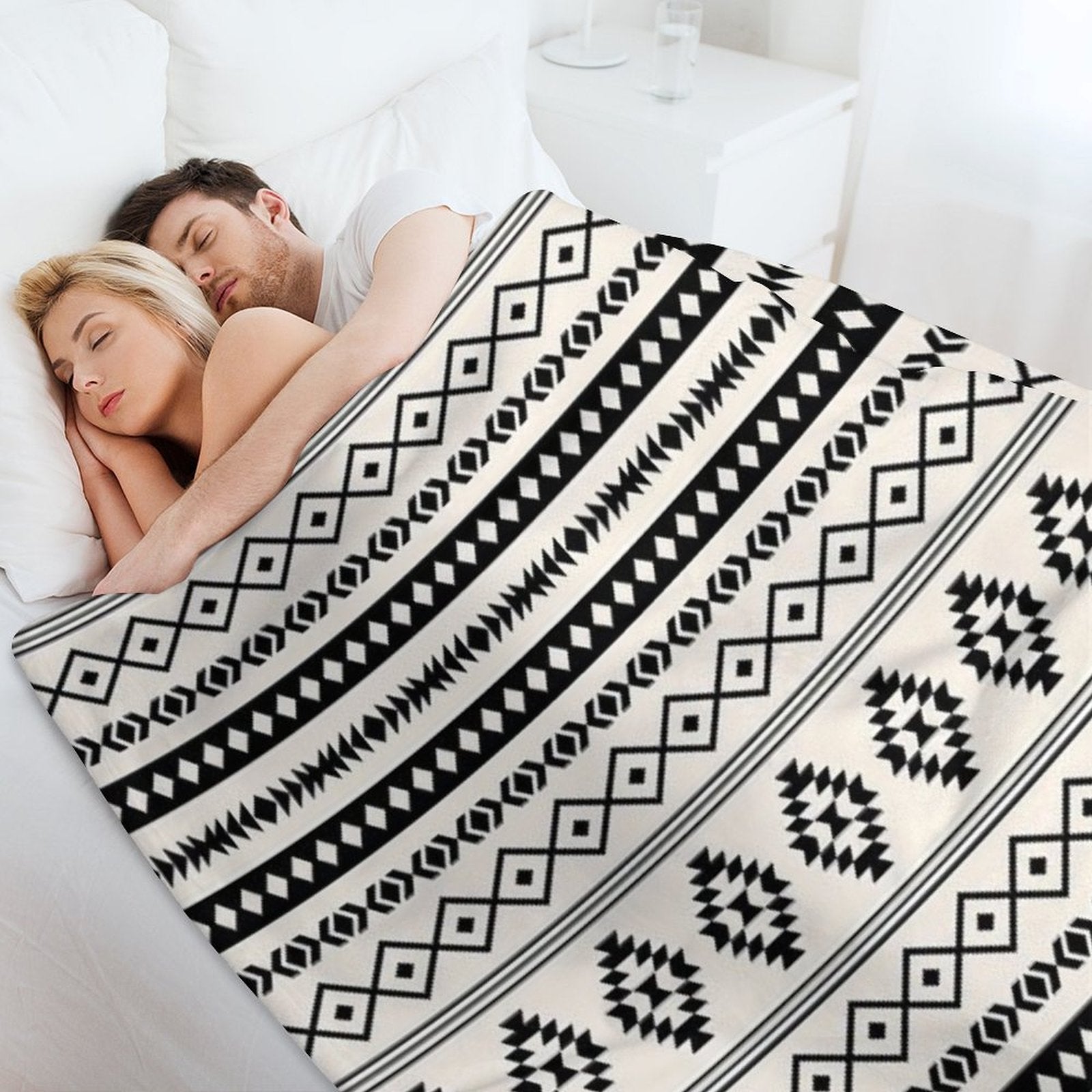 Aztec Black on Cream Mixed Motifs Pattern Velvety-soft Throw Blanket