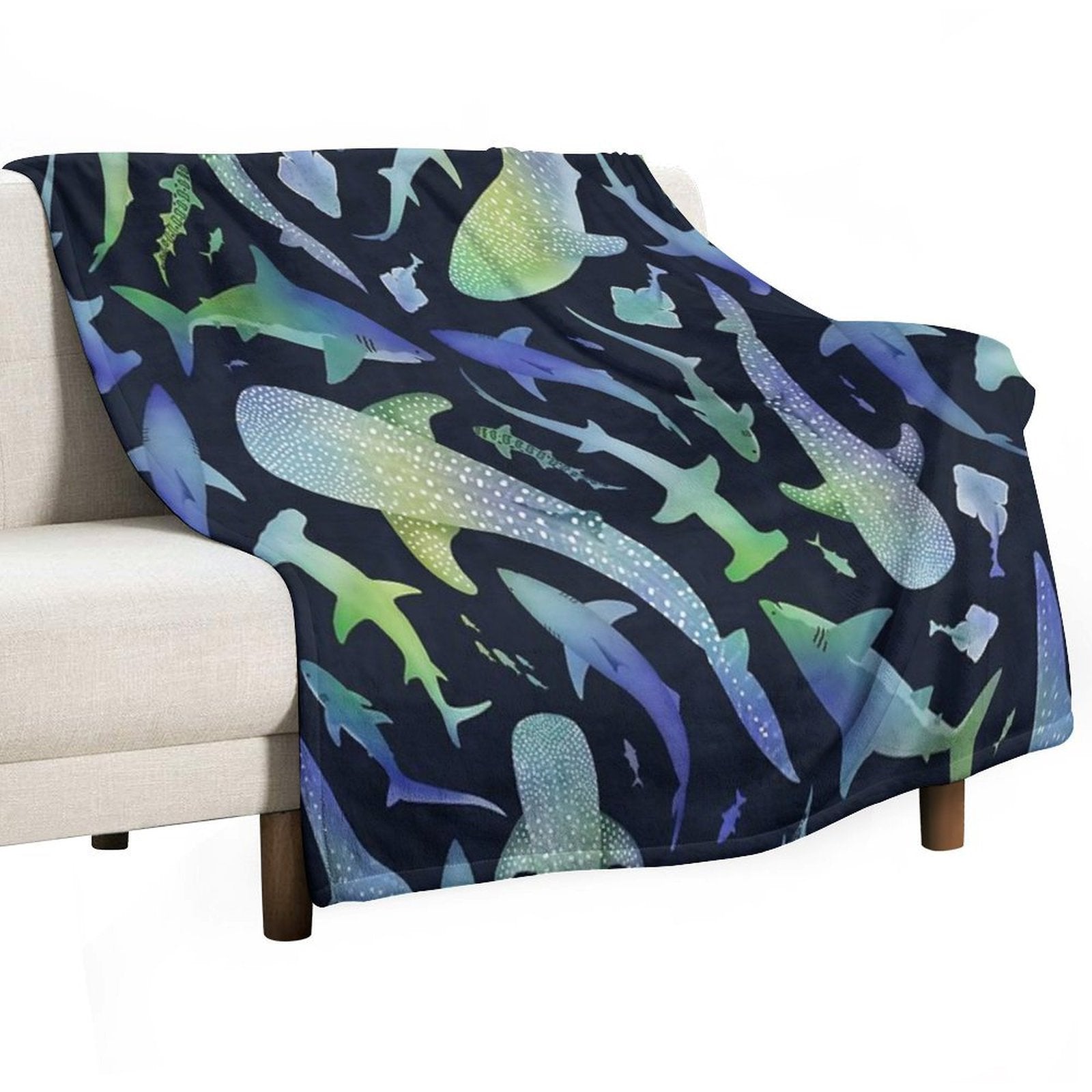 Blue And Green Watercolor Shark Ocean on Dark Navy Blue Travel-friendly Throw Blanket
