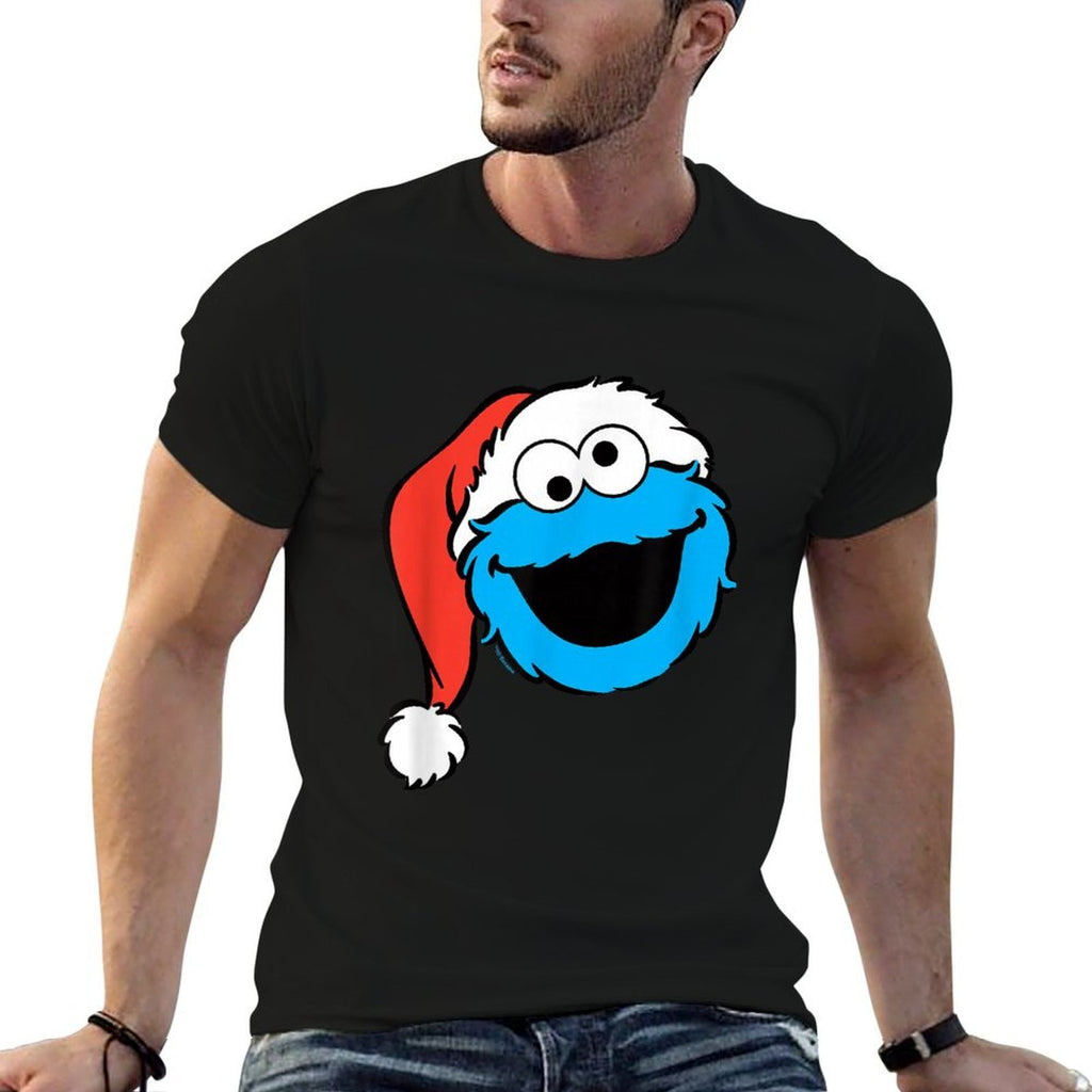 Sesame Street Christmas Santa Hat Cookie Monster Face  High-quality Stitching T-Shirt