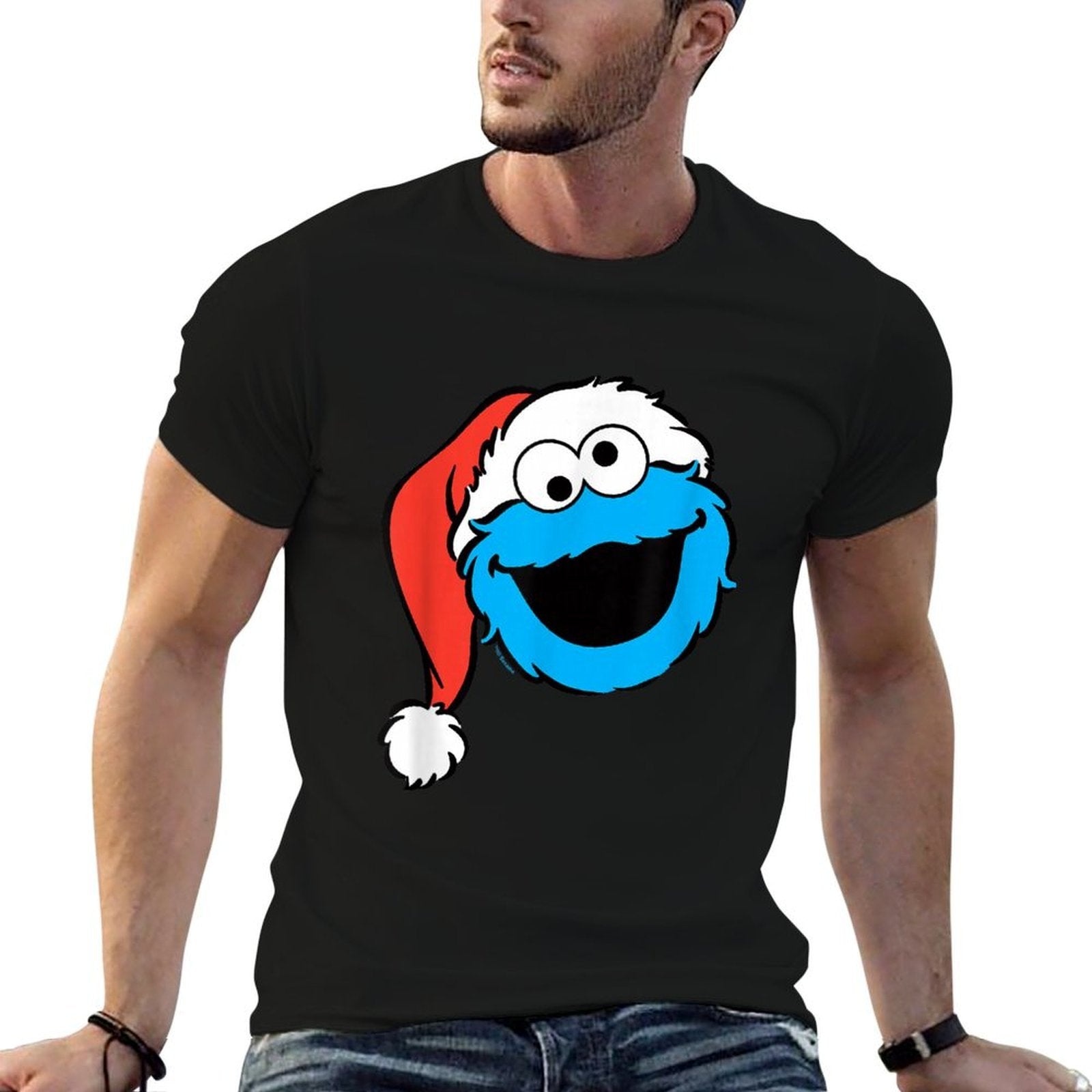 Sesame Street Christmas Santa Hat Cookie Monster Face  High-quality Stitching T-Shirt
