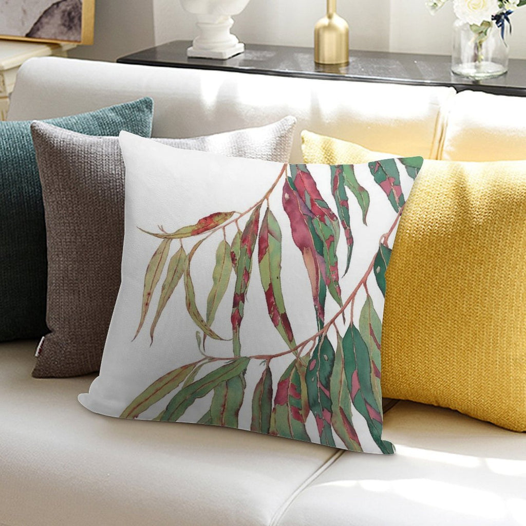 A Touch of Red - Watercolour of Eucalyptus Branch Soft Reinforced Edging Throw Pillow